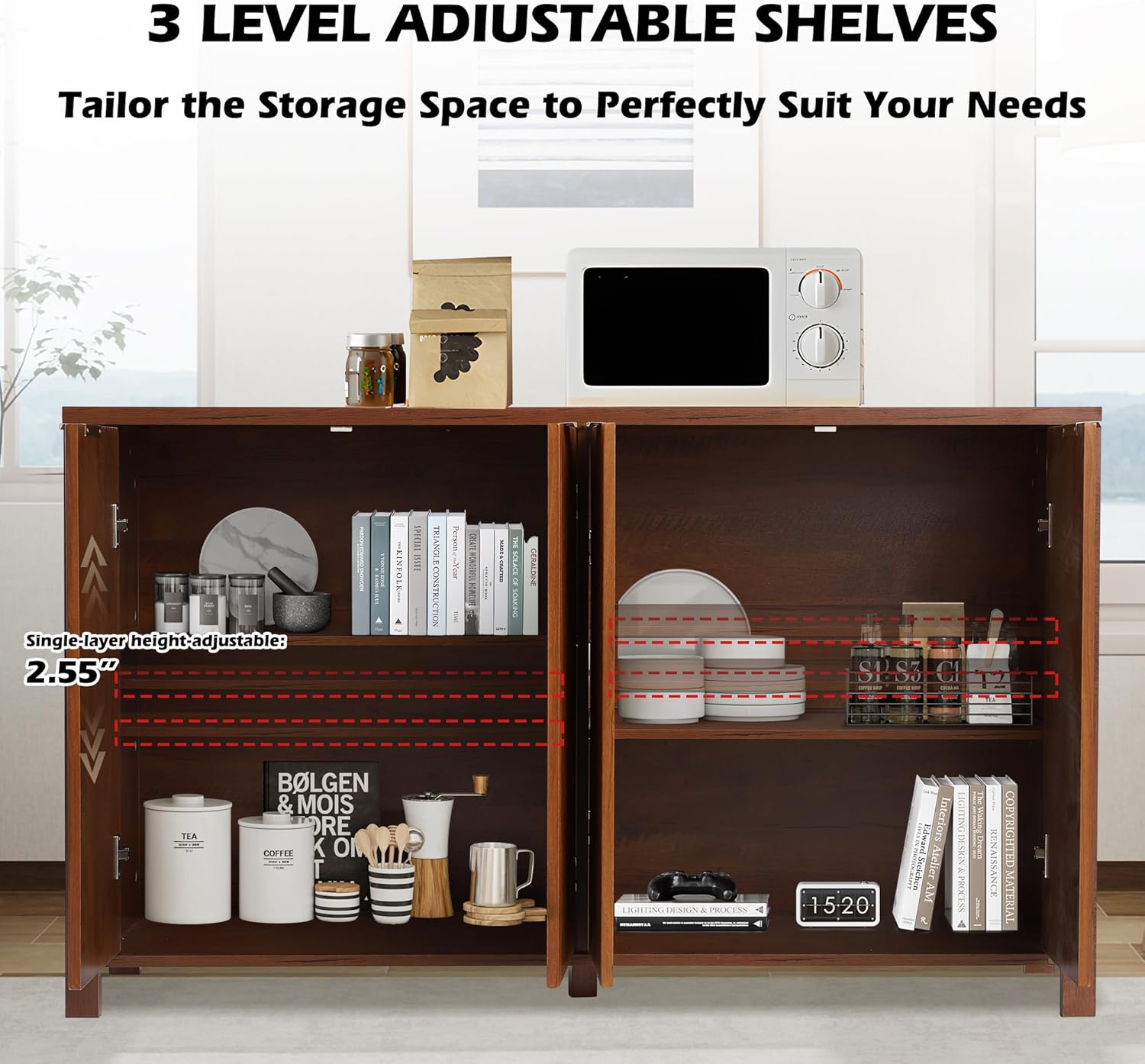 55" Fluted Sideboard Buffet Cabinet with Storage - Kitchen Credenza Storage Cabinets with Adjustable Shelves, Modern Wood Coffee Bar TV Console Cabinet Table, Living Dining Room Entryway (Brown)