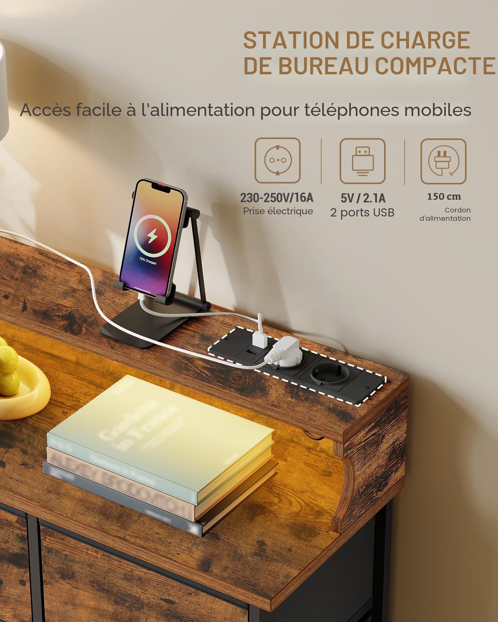 Hzuaneri Commode 9 Tiroirs, 2 Ports USB et 2 Ports AC, Vintage