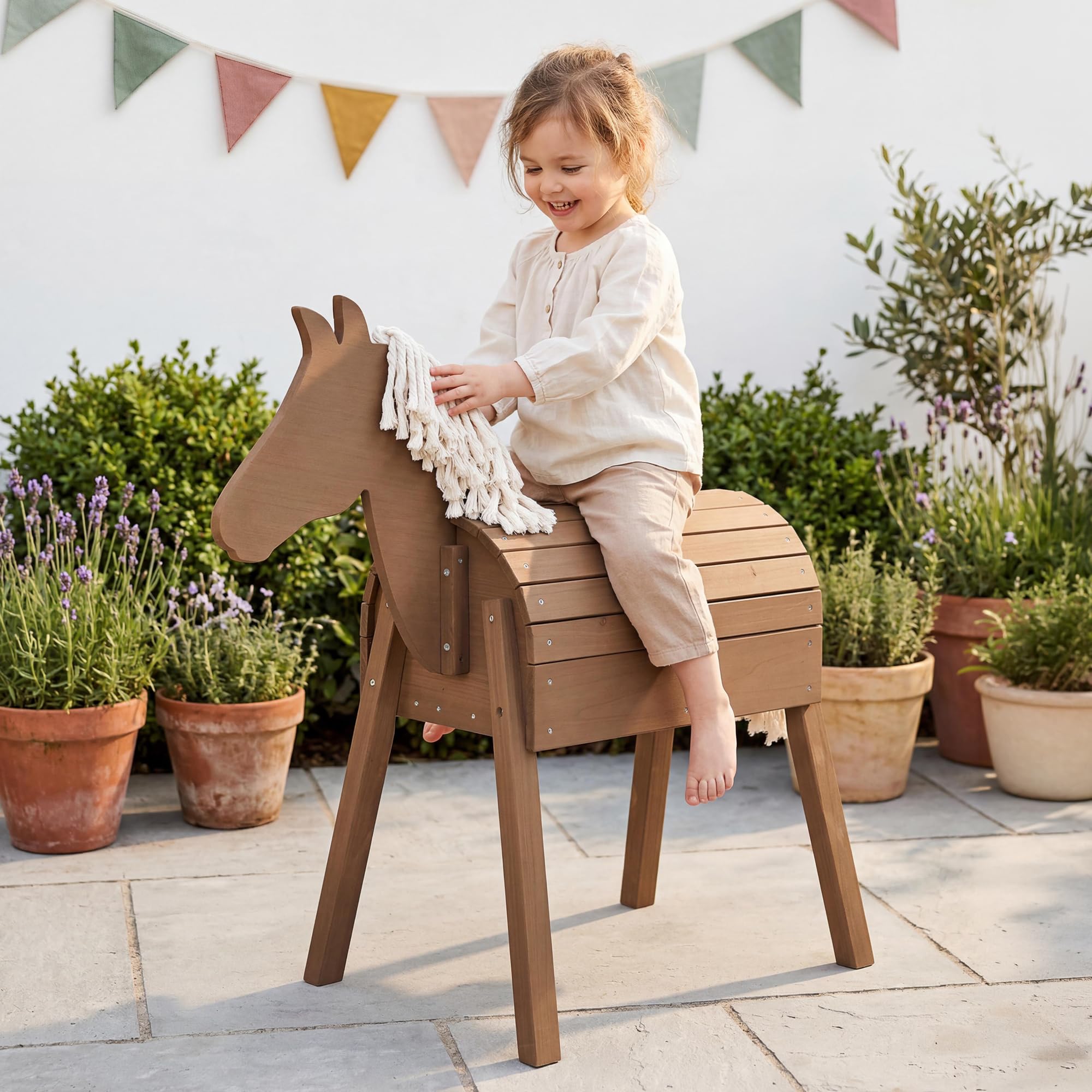 roba Cavallo da Gioco per Bambini - da Esterno, Giardino, Aria Aperta - con Criniera e Coda - Legno Massiccio Ecologico - Stabile e Robusto - Resistente alle Intemperie - Teak Naturale