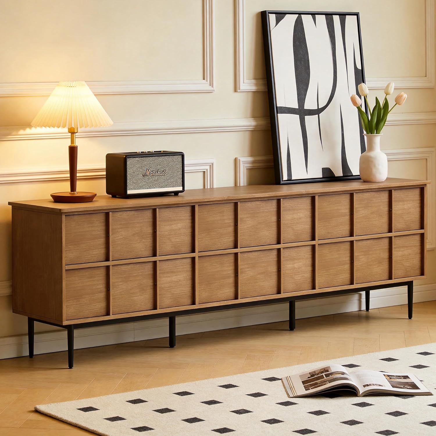 86.61” Modern Solid Wood TV Cabinet, Large Capacity with Multiple Drawers for Storage, Ideal for Large-Screen TV Entertainment Center Cabinet, Living Room Floor Cabinet