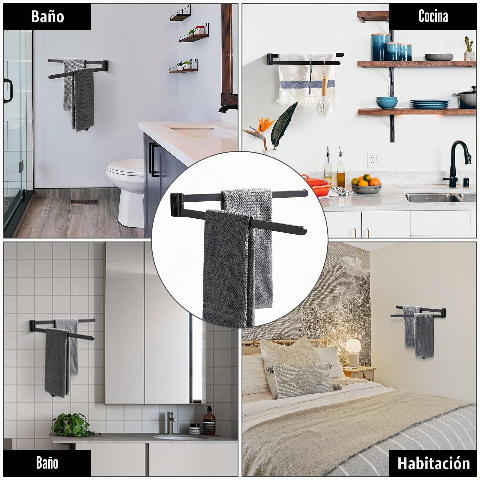 BGL Toallero Giratorio Negro, Organizador de Almacenamiento, Ahorro de Espacio, Soporte de Toalla de Pared Doble Giratorio para baño