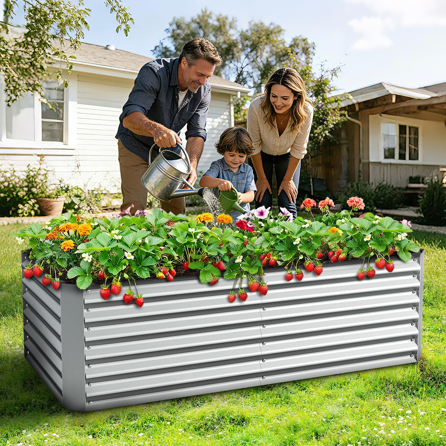 Ohuhu Letto da Giardino Rialzato in Acciaio Zincato, 180x90x60 cm Letto per Orto Rialzato Grande e Profondo, Fioriera da Esterno in Metallo per Verdure e Fiori Argento
