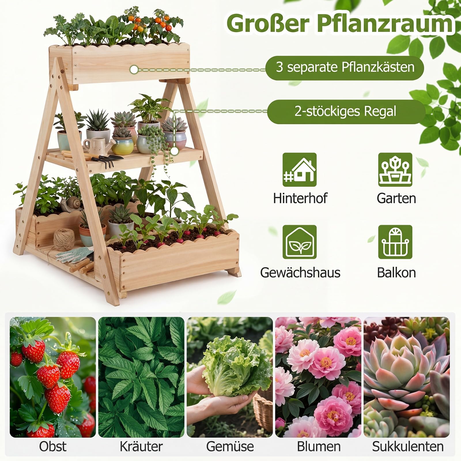 COSTWAY Pionowa podwyższona grządka, 3 poziomy, kwietnik z drewna jodłowego, pionowa grządka z 3 skrzynkami na rośliny i 2 półkami, rama A, schodek na kwiaty, drewniana skrzynka na kwiaty, na taras
