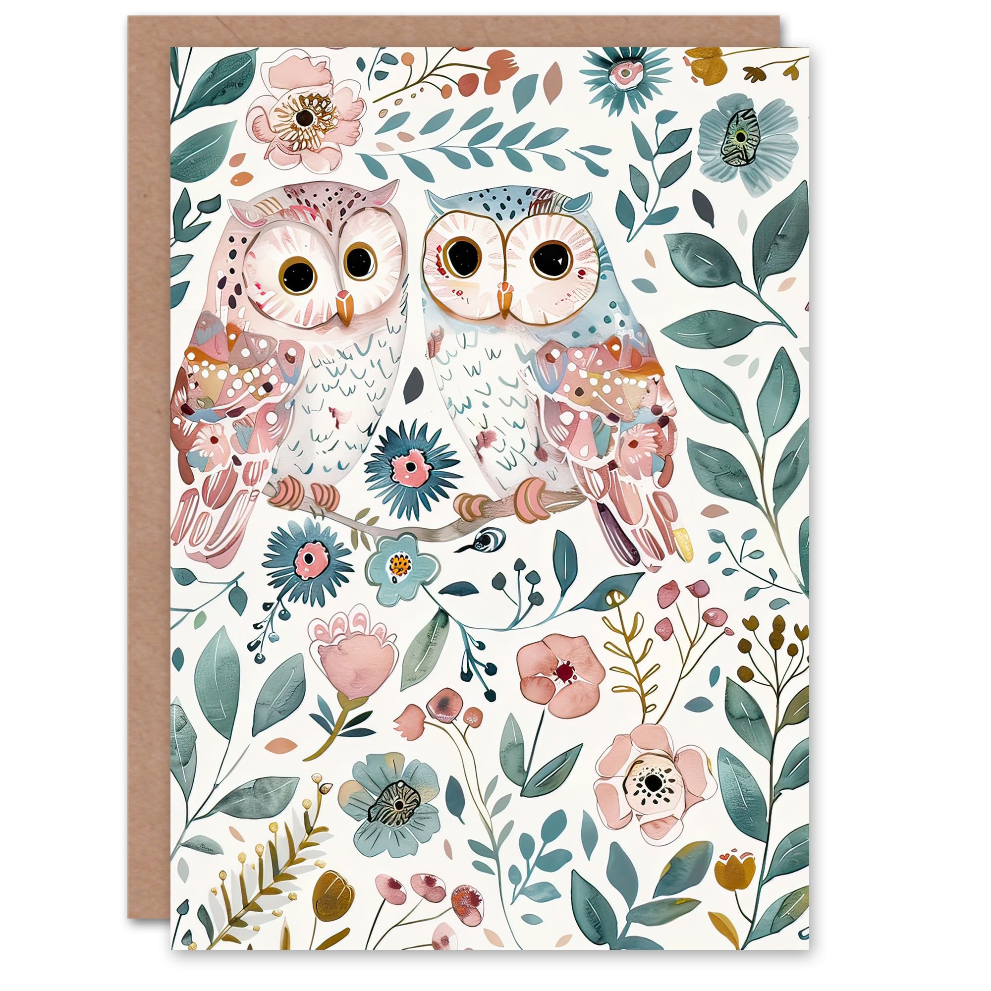 Artery8 Greeting Card - Cute Owl Couple - Floral Watercolour