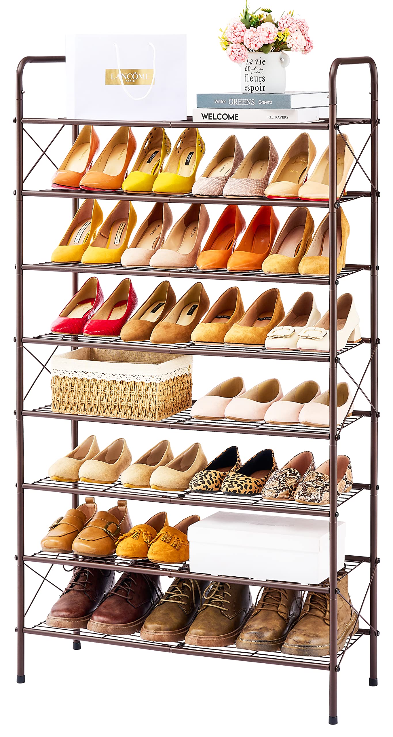 8-Tier Shoe Rack Organizer, Large Capacity Shoe Rack for Closet Entryway, Metal Mesh Shoe Storage Shelf with X Shape Fixed Frame, Bronze