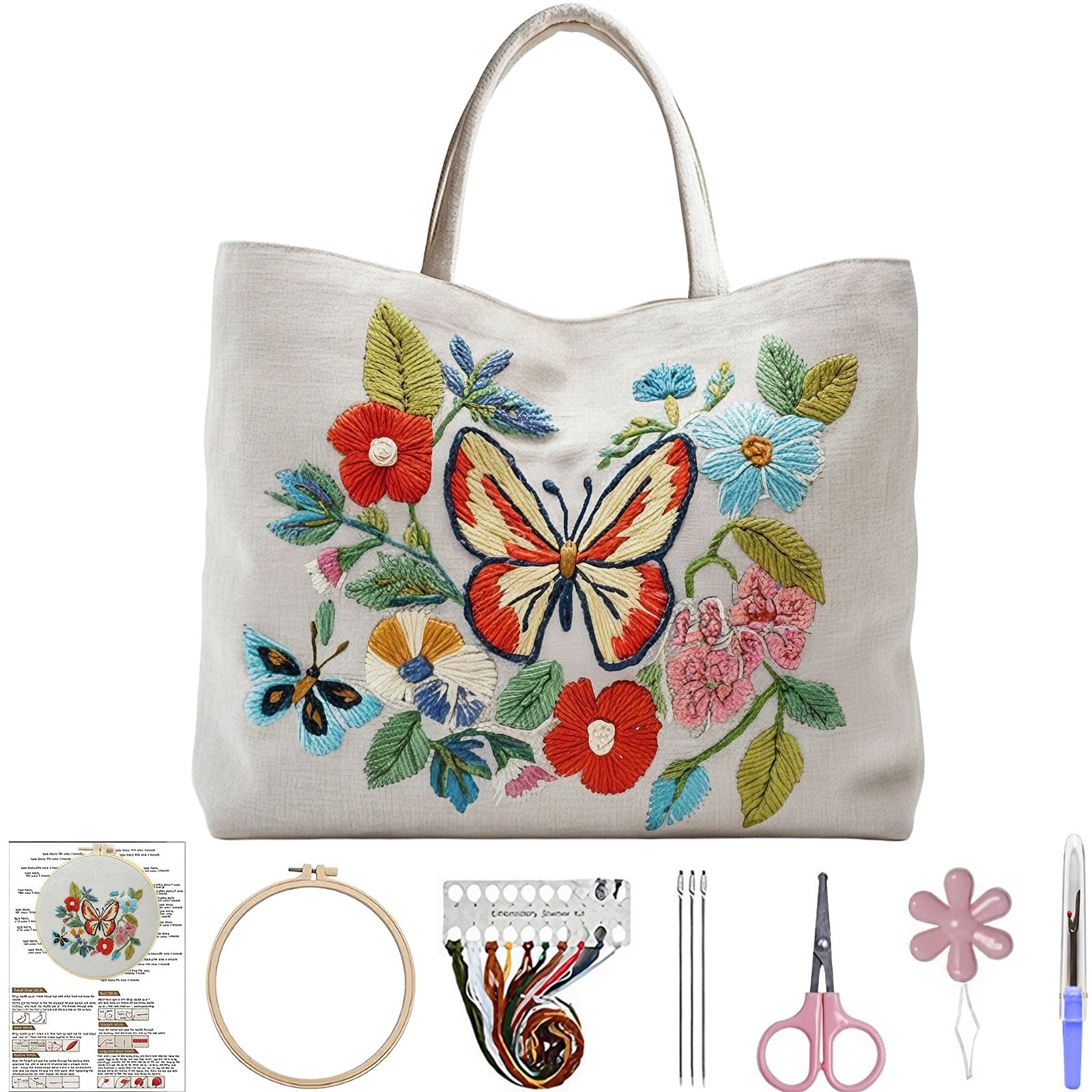 Lebartm Embroidery Tote Bag Embroidery Kit for Beginners Cross Stitch Handbag Butterfly Patterns with Hoop Needle Threads Fabric Reusable Grocery Bag for Women-Butterfly02