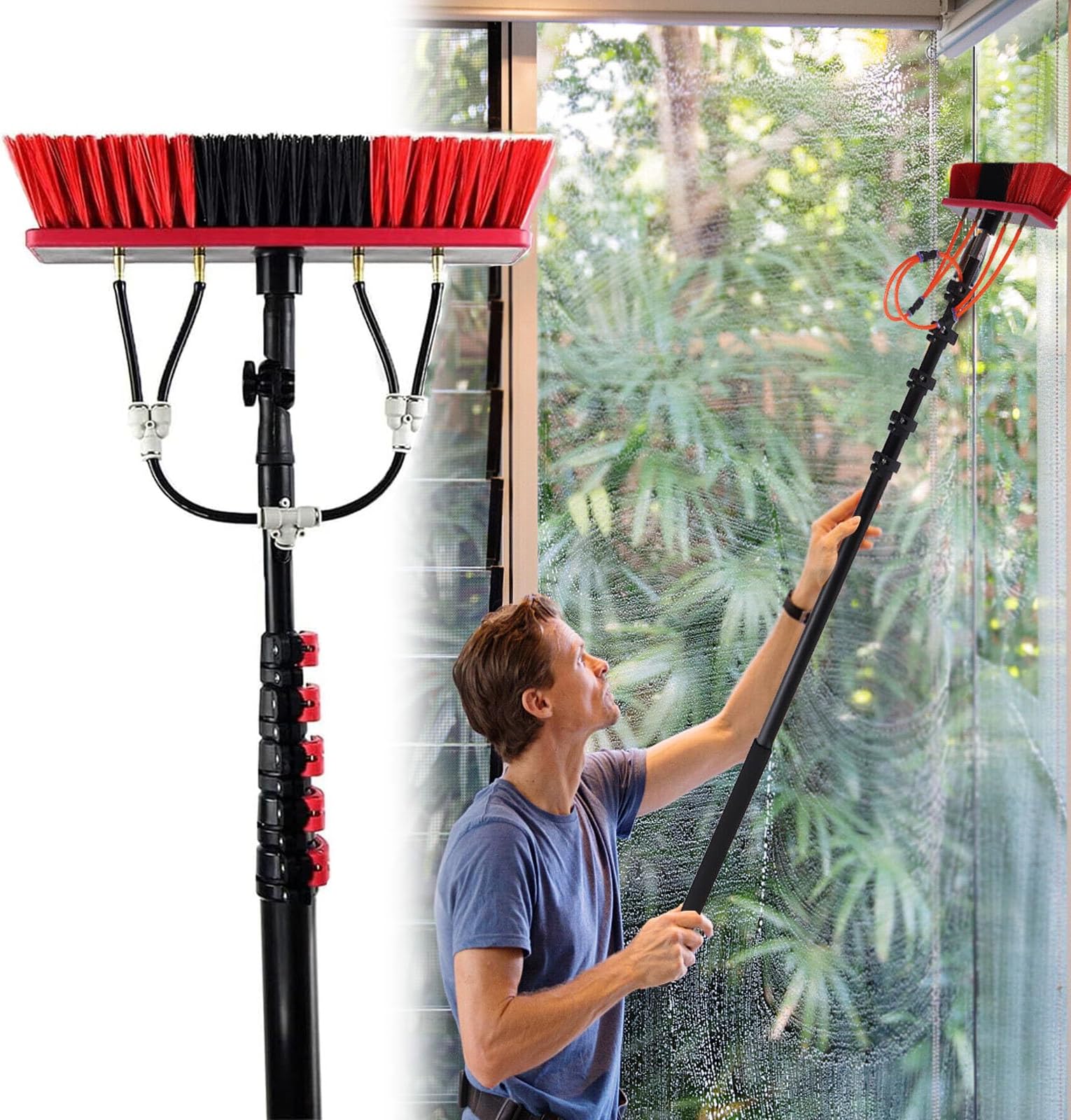 5.4m/30cmブラシヘッド窓掃除用具、伸縮式窓掃除用具、給水式窓掃除用ポール、窓掃除用キット、太陽光発電用温室屋根掃除用具