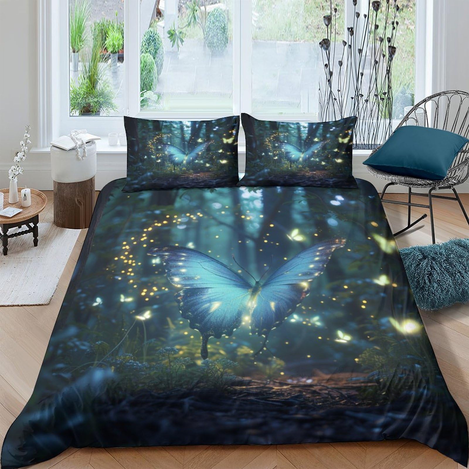 Parure de lit papillons 3D housse de couette double 200x200cm avec taies microfbre