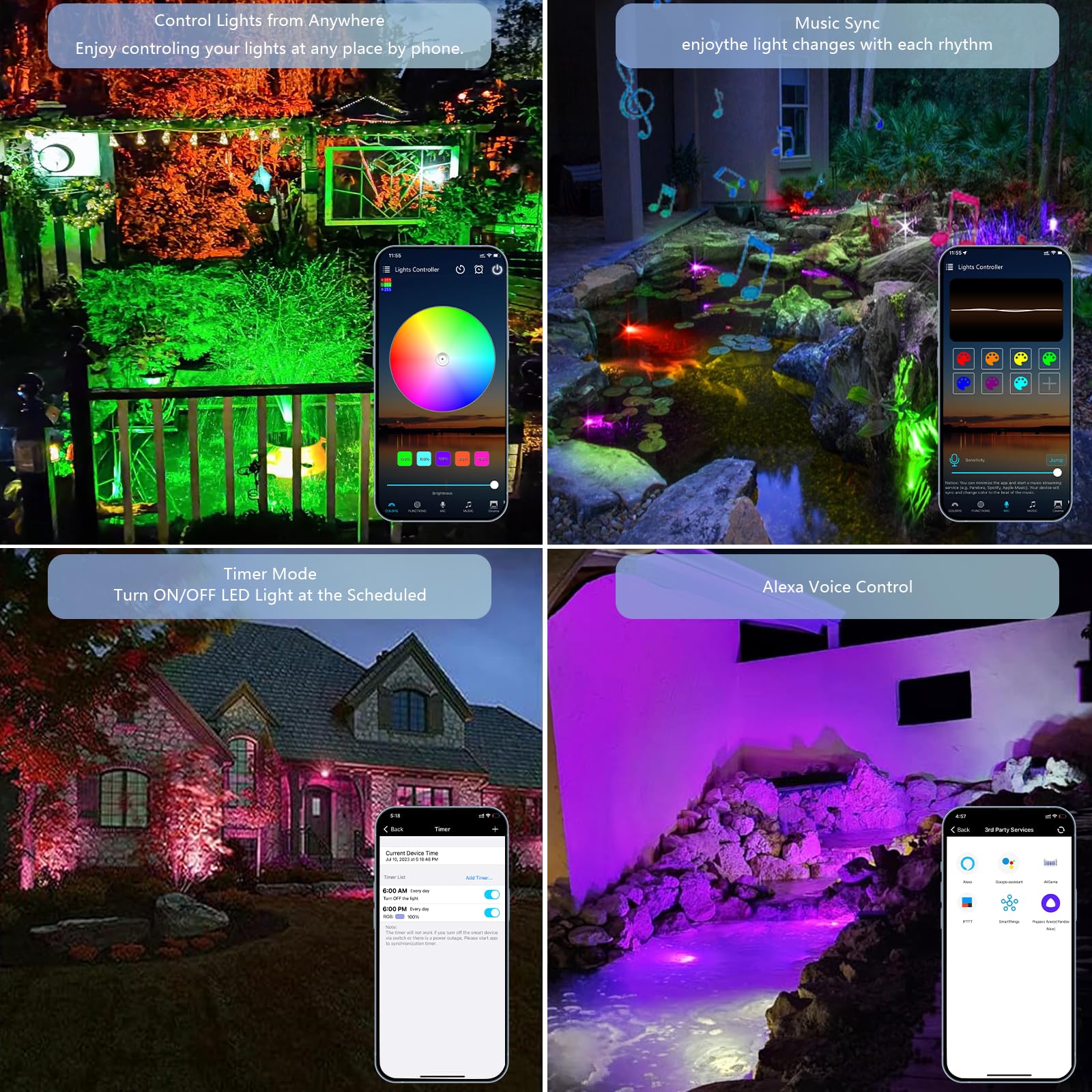4 Stück LED Teichbeleuchtung, WiFi RGB LED Gartenleuchte Steuerbar via App, IP68 Wasserdichter Gartenstrahler, Gartenlampen für Draußen für Hof, Bäume, Kompatibel mit Alexa, Google Home