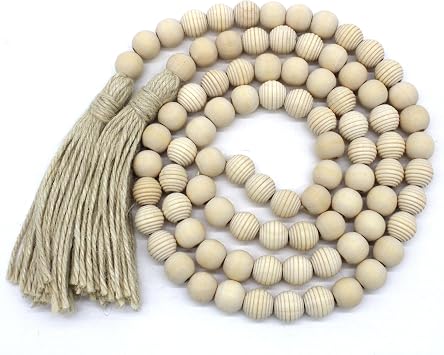 Farmhouse Decor Beads 60in Wooden Bead Garland with Tassels Rustic Minimalist Home Accent Prayer Country Boho Decoration for Wall Hanging Living Room Table Mantle Shelf Decor Natural-style2