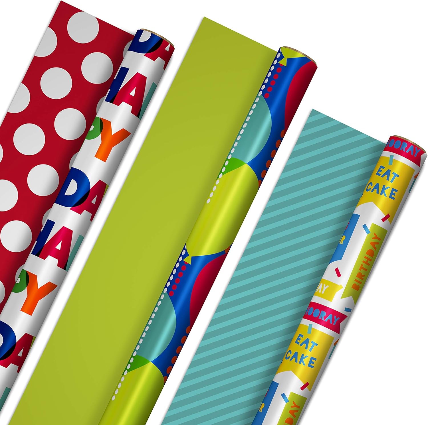 Hallmark Reversible Birthday Wrapping Paper Bundle (3-Pack: 75 sq. ft. ttl.) Balloons, Bright Green, Teal Stripes, White Polka Dots on Red : Health & Household