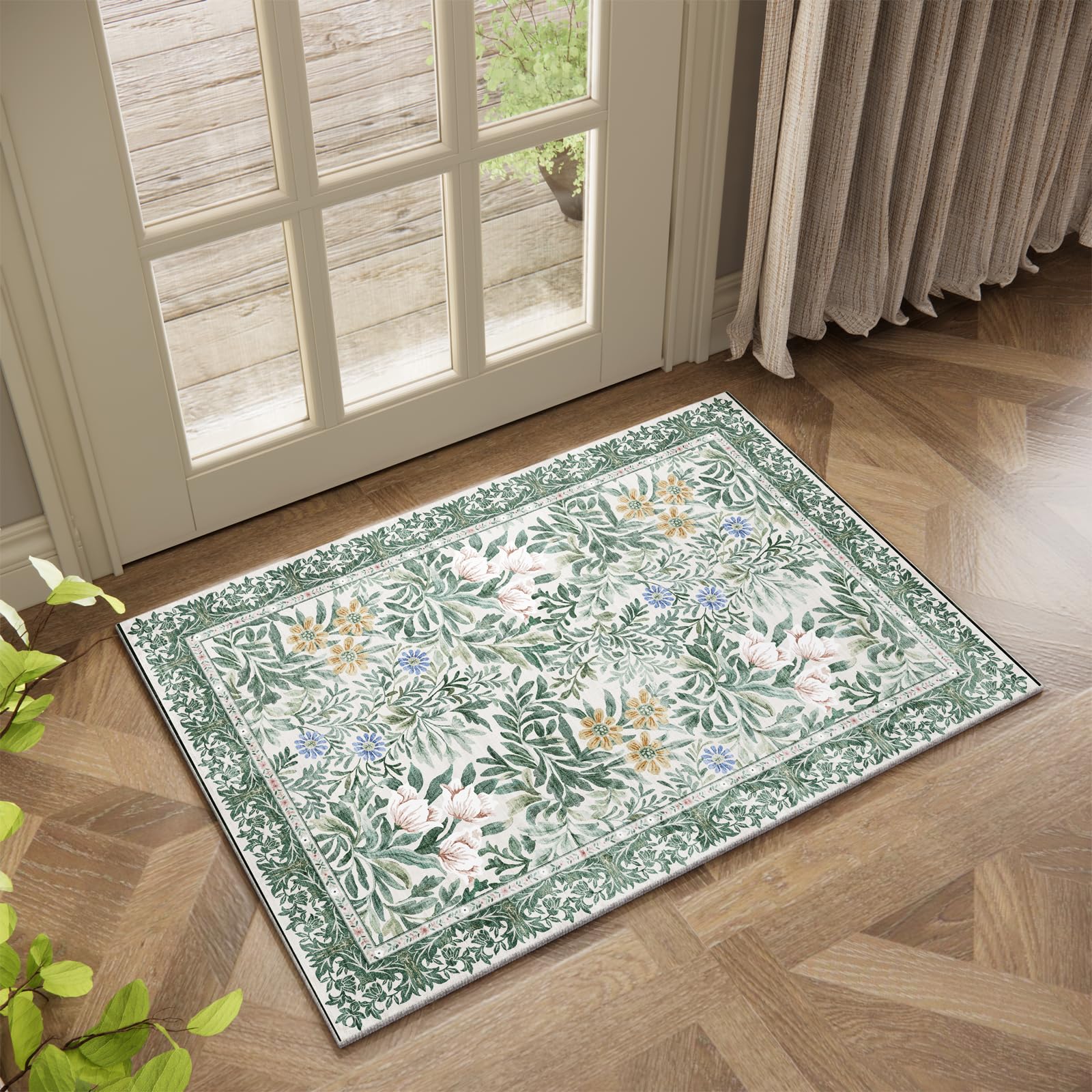 Botanical Floral Washable Entryway Area Rug 2x3 Light Green Cream Vintage Garden Design, Perfect for Soft Door Mat Indoor Entrance, Ultra-Thin Easy Clean Small Throw Carpet for Bedroom Bathroom