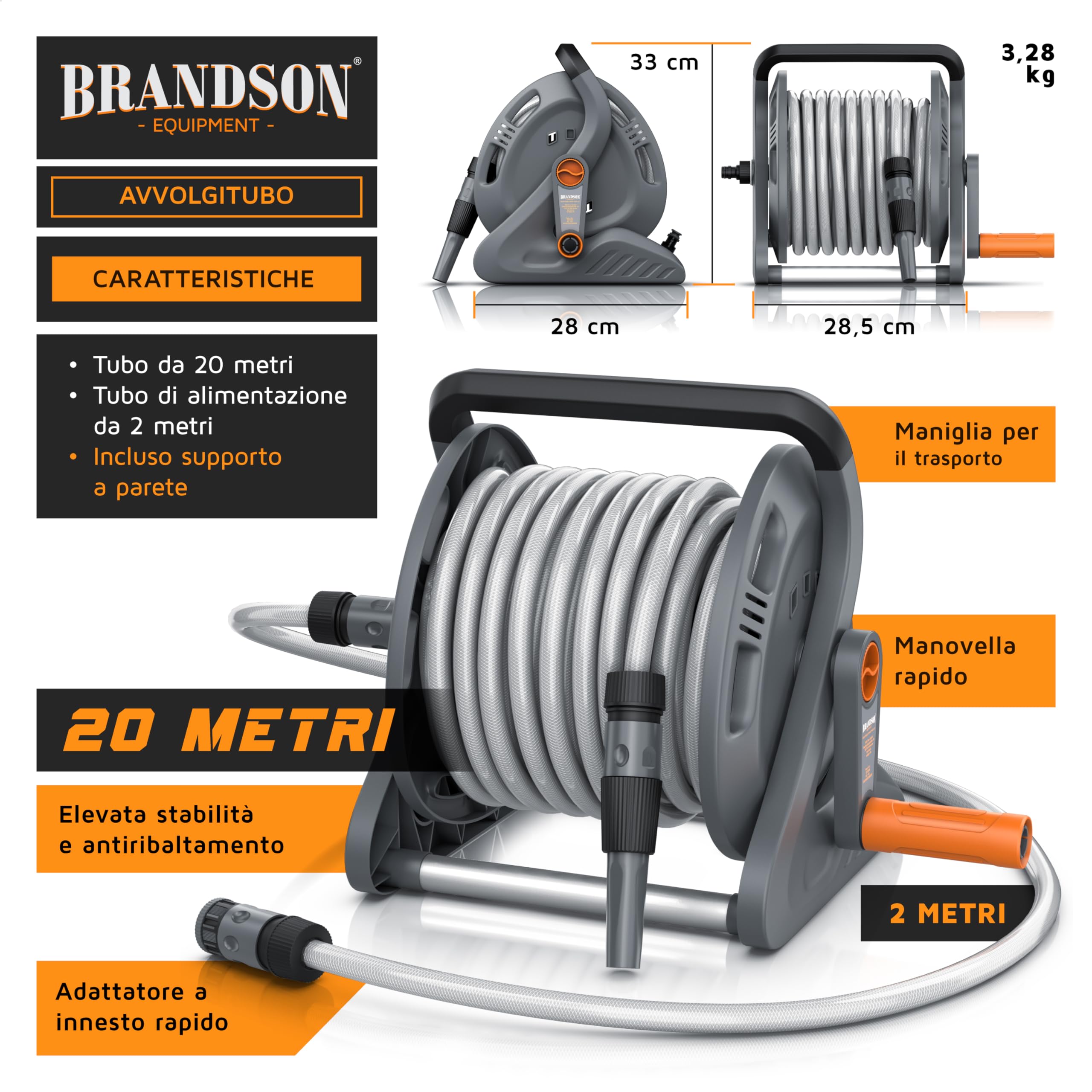 Brandson - Avvolgitubo da giardino automatico da 20 metri, Avvolgitubo mobile da giardino con 20 m di Tubo, 2 m di Tubo di alimentazione, Supporto a parete, Manovella, Spruzzatore di pulizia