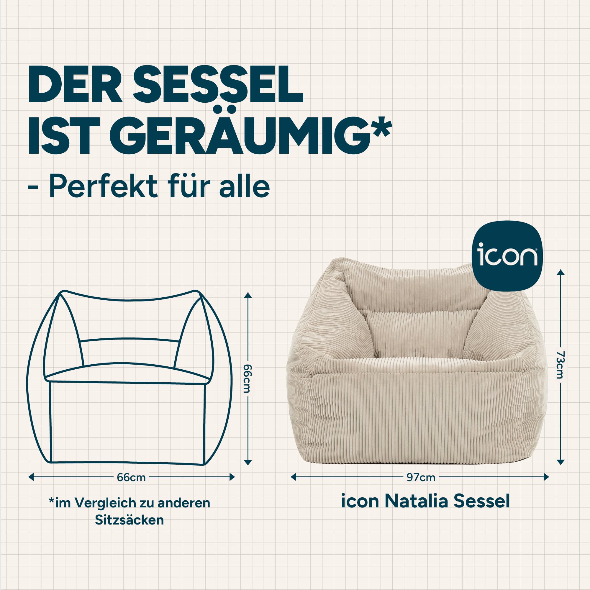 Icon Natalia Sitzsack Sessel mit Hocker für Erwachsene, Beige, Flauschiger Cord Stoff, Riesen Sitzsack Cord mit Füllung, Bean Bag Chair, Bequemer Sessel Wohnzimmer, Lounge, Schlafzimmer, Büro