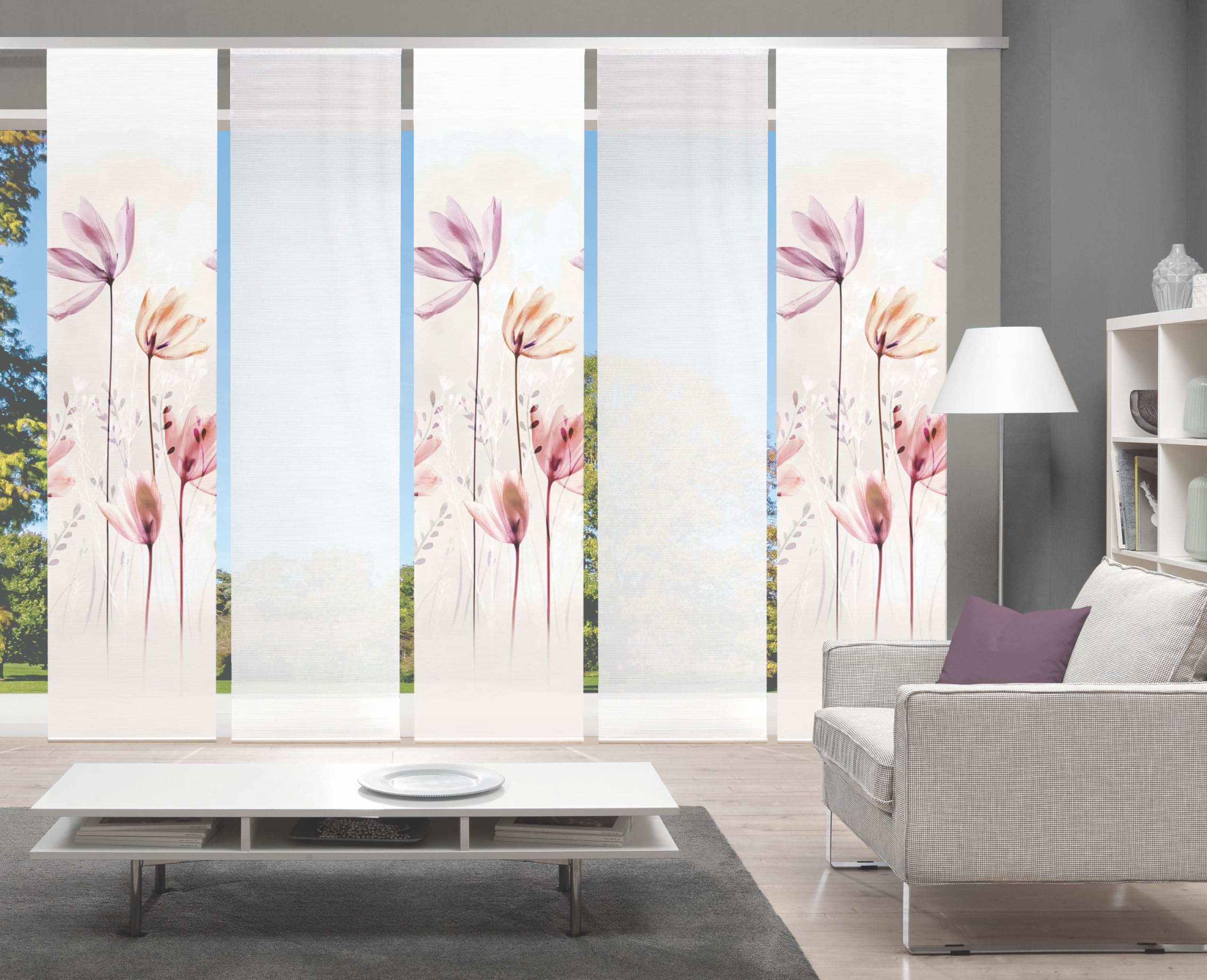 95067 | 5er-Set Schiebegardine 'KUKAT', Digitaldruck auf Bambus-Optik, mit abstraktem Blumen-Motiv, 260x60cm, Farbe: Natur