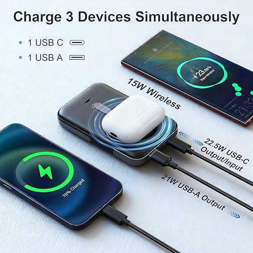 Miniatura 3 de Cargador portátil inalámbrico magnético de 10,000 mAh, batería de 22.5 W con pantalla LED, soporte plegable doble ajustable, compatible con iPhone