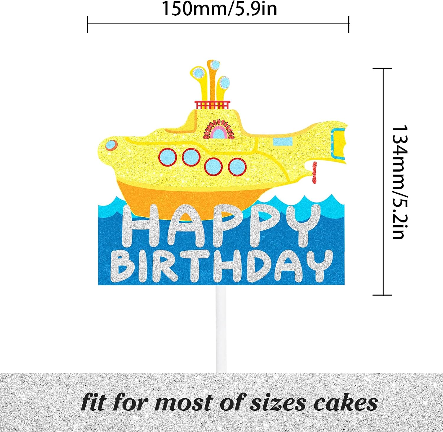 Yellow Glitter Submarine Happy Birthday Cake Decoration - a popular theme birthday party and music themed party decoration supplies - LIANGSS image 2