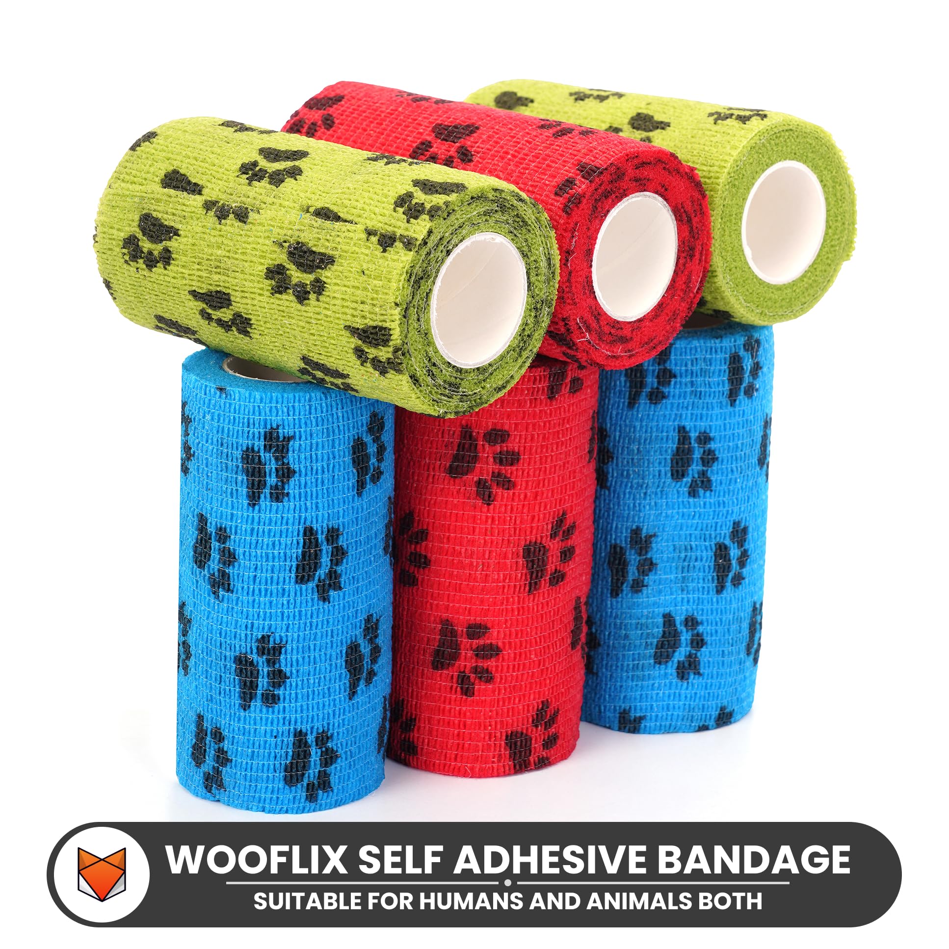 Wooflix self Adhesive Vet wrap cohesive Bandage 10 cm Wide for Dogs, Cats, & Humans - Non Woven Breathable Elastic Bandage - First aid Bandage for cat, Dogs, & Horse - Lick Proof Pack of 6 XL 3