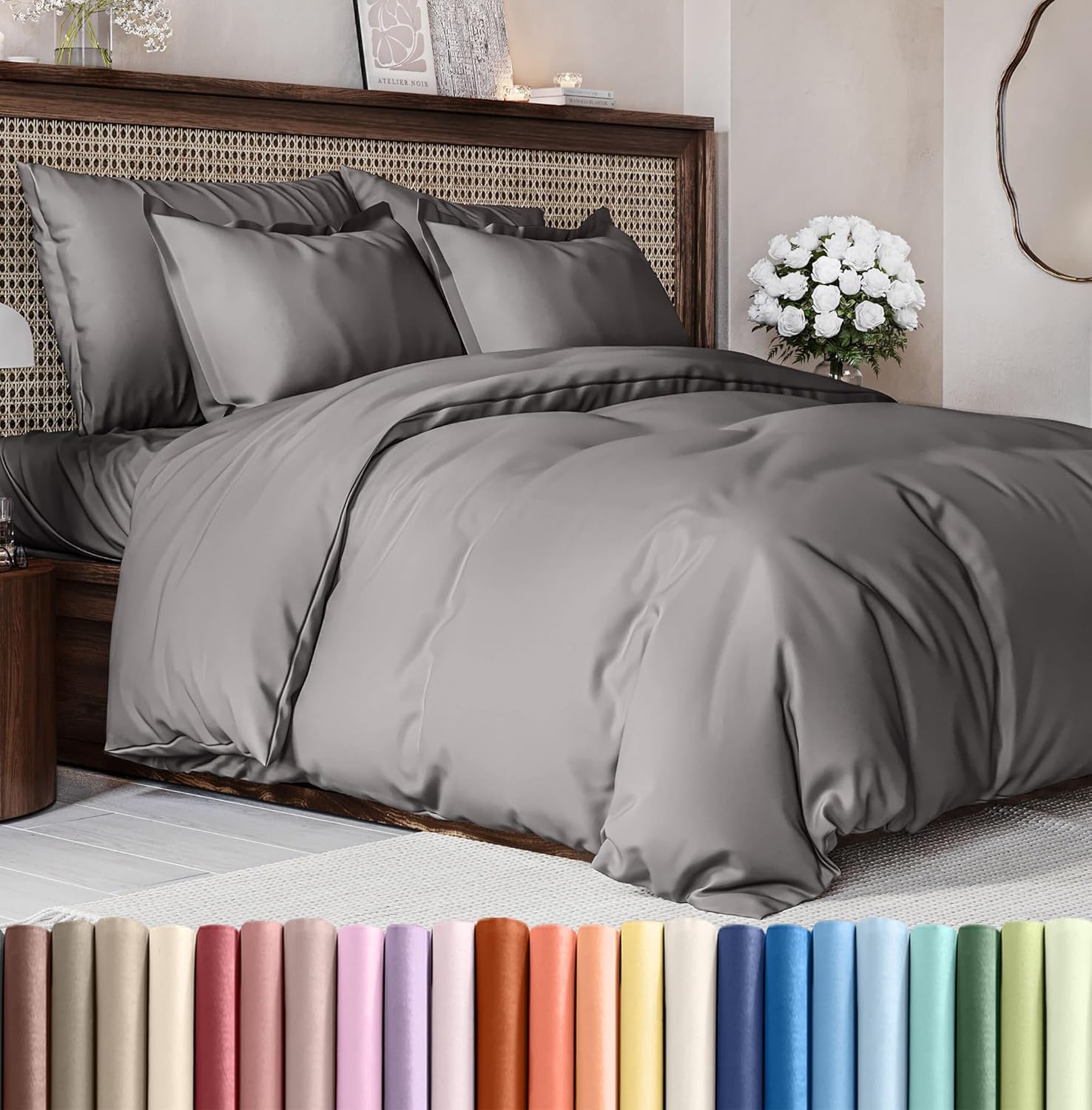 Duvet Cover Queen Size Set - Extra Soft Queen Size Duvet Cover 90 x 90 with 2 Pillow Shams - Hotel Luxury Easy Care and Fade Free w/Zipper Closures & Ties - Comfy Breathable Bedding Set (Dark Grey) 08 - Dark Grey (No Comforter) Queen (90x90)