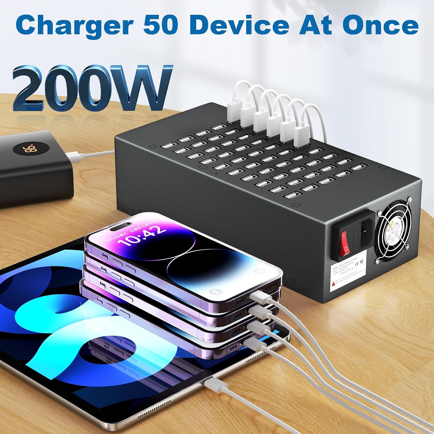 50 Port 200 Watt (40A) USB Charging Station, USB Fast Charger with Intelligent Protection, Multiple USB Desktop Chargers, Suitable for Hotels, Shops, Schools, Shopping malls