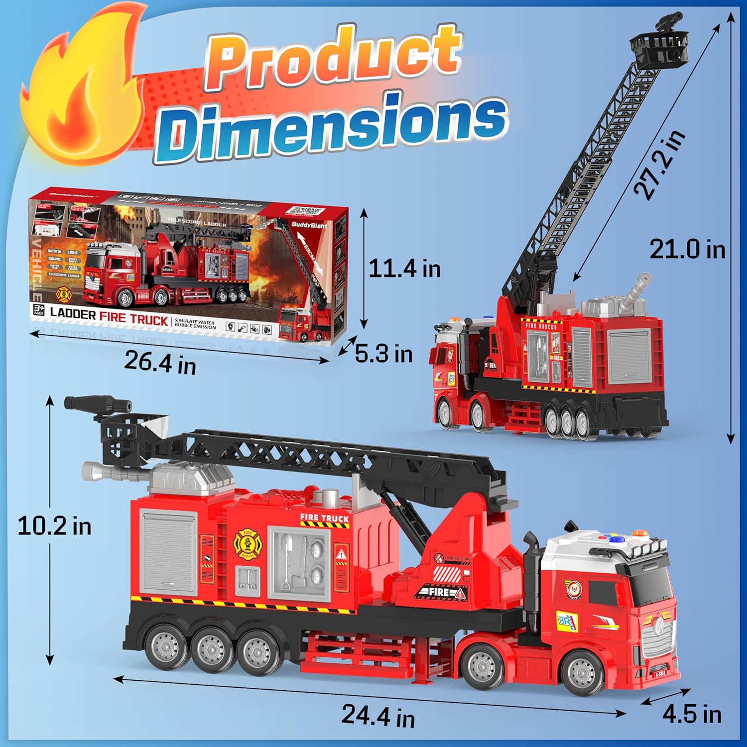 Firetruck Toys 3-5 Years Old 27'' Extendable Ladder 180° Rotating, Light/Sound Fire Truck Toy for 2 Year Old w/Detachable Cab, Fire Trucks Playset w/Dual Water Spray Nozzles for 3+ Years Old Boy Gift
