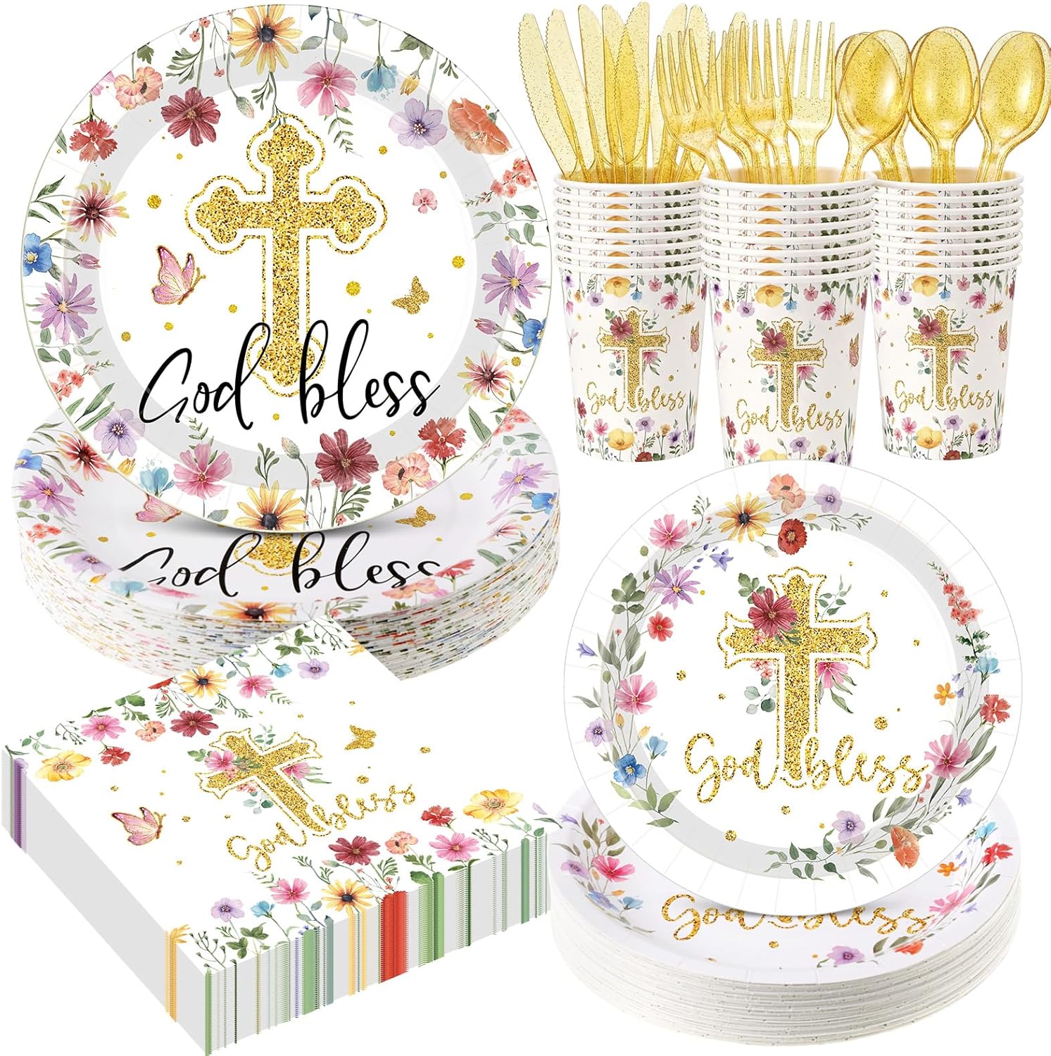 400 Pcs God Bless Baptism Party Decoration Girl for 50, Wildflower First Holy Communion Paper Plates Napkins Cups Cutlery Disposable Tableware for Religious Christening Baby Shower Supply