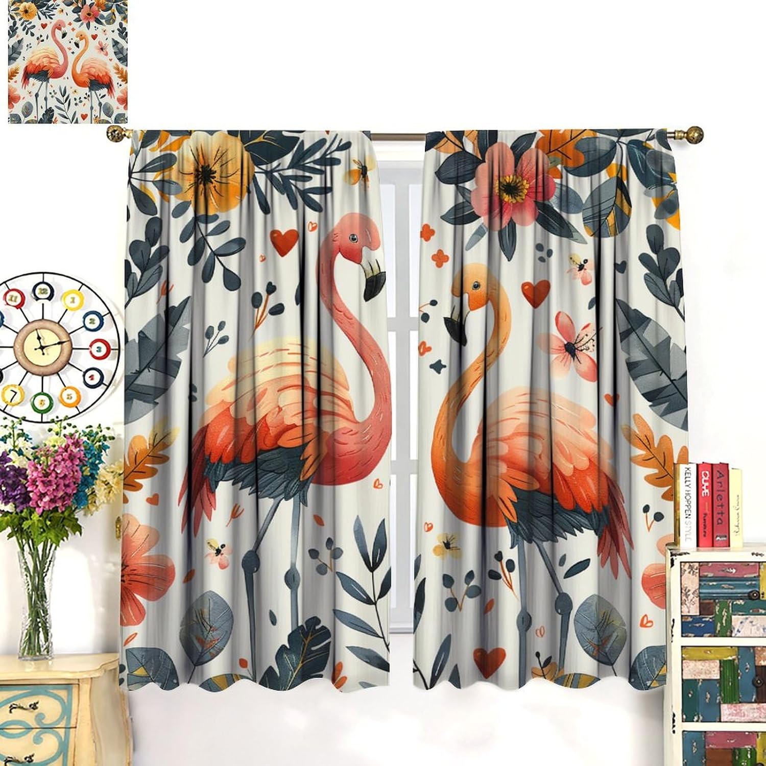 Cartoon Flamingo Flower Blackout Curtains for Bedroom Living Room, Rod Pocket Tropical Plant Floral Bird Curtains Thermal Insulated Window Drapes 2 Panels, Each 21W x 63L