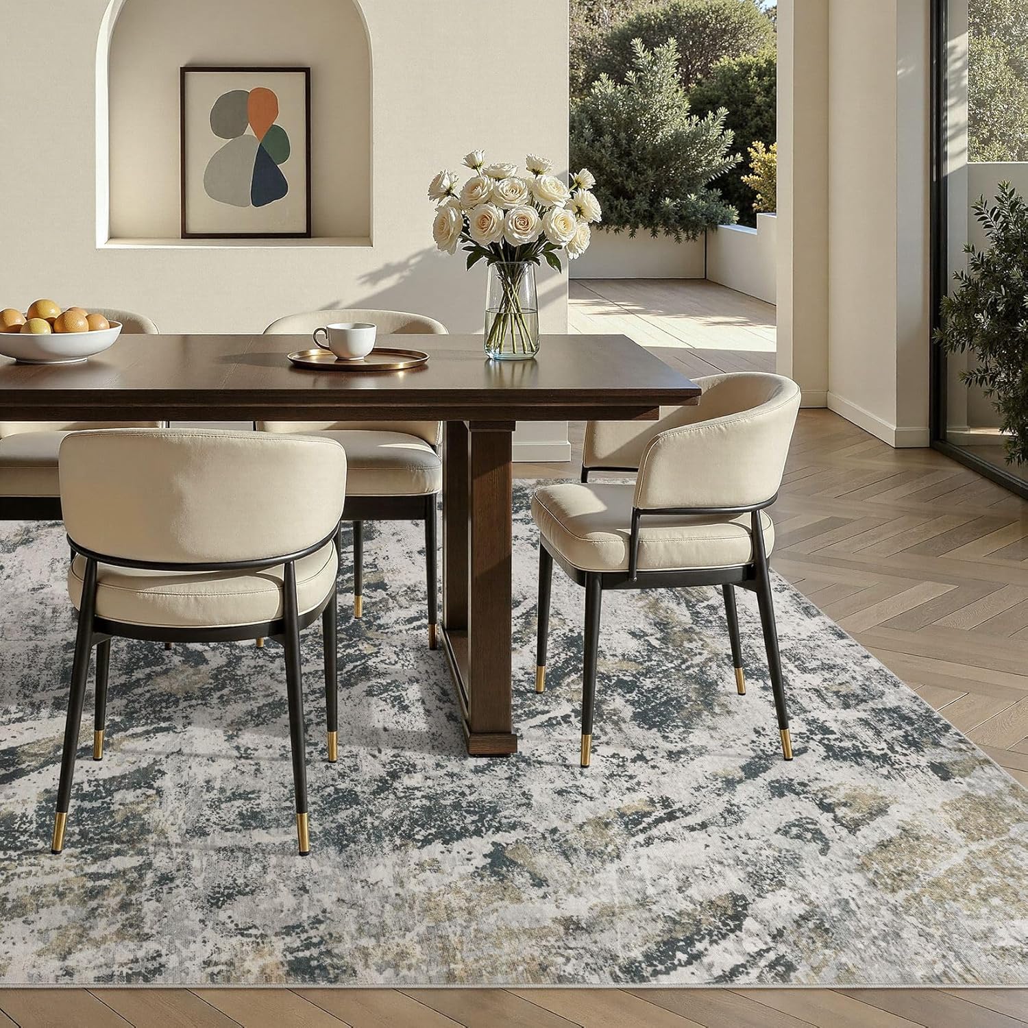 DMOYEST Area Rug Living Room Rugs - 5x7 Large Soft Indoor Neutral Modern Abstract Low Pile Washable Rug Carpet for Bedroom Dining Room Farmhouse Home Office-Black Gold/Grey thumbnail