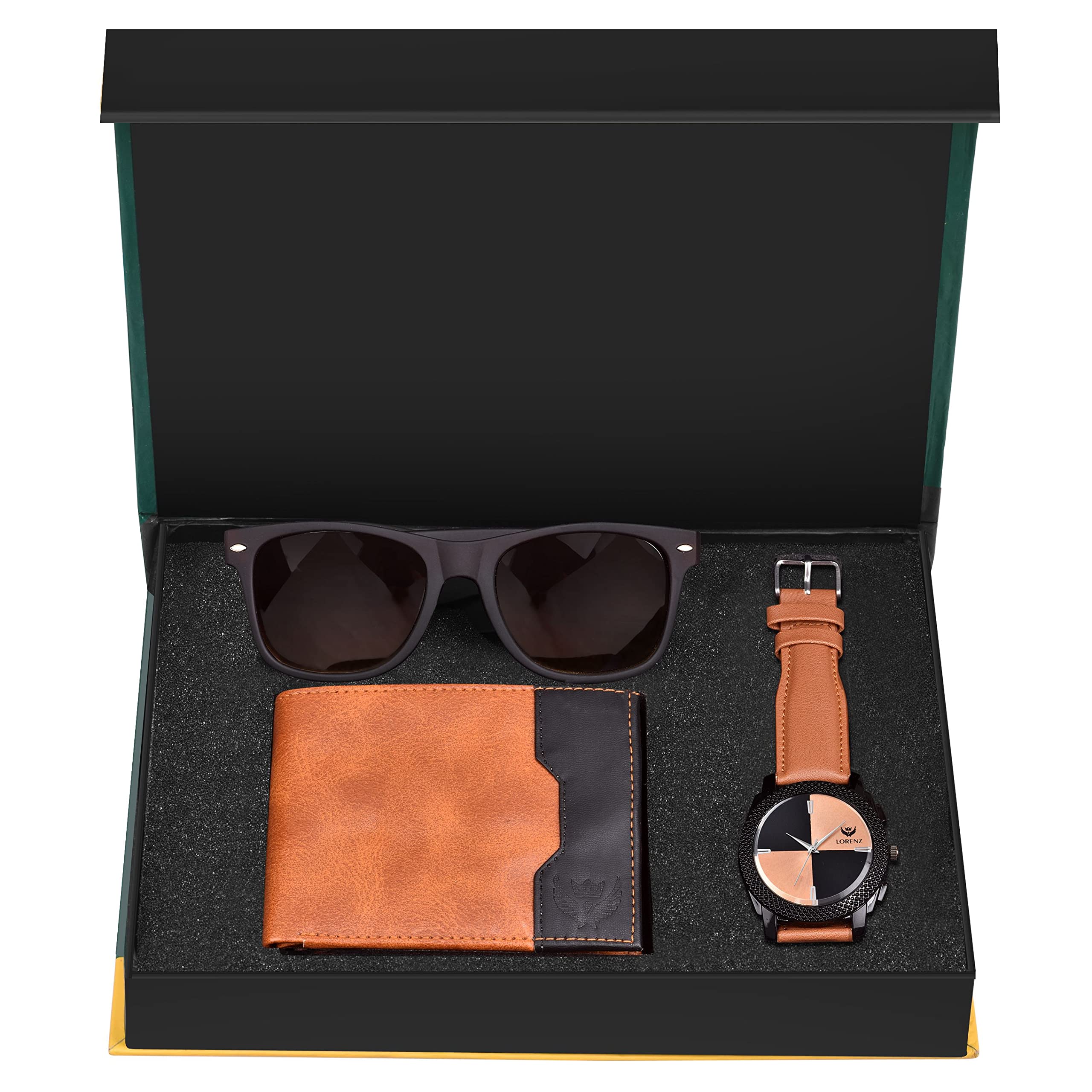 LORENZ Gift Combo Set of Tan Analog Watch, Brown Sunglasses & Hi-Quality PU Wallet & Magnetic Gift Box for Men | CM-409SN13-WL-22 (B0B2DTGQMH) Amazon Price History, Amazon Price Tracker