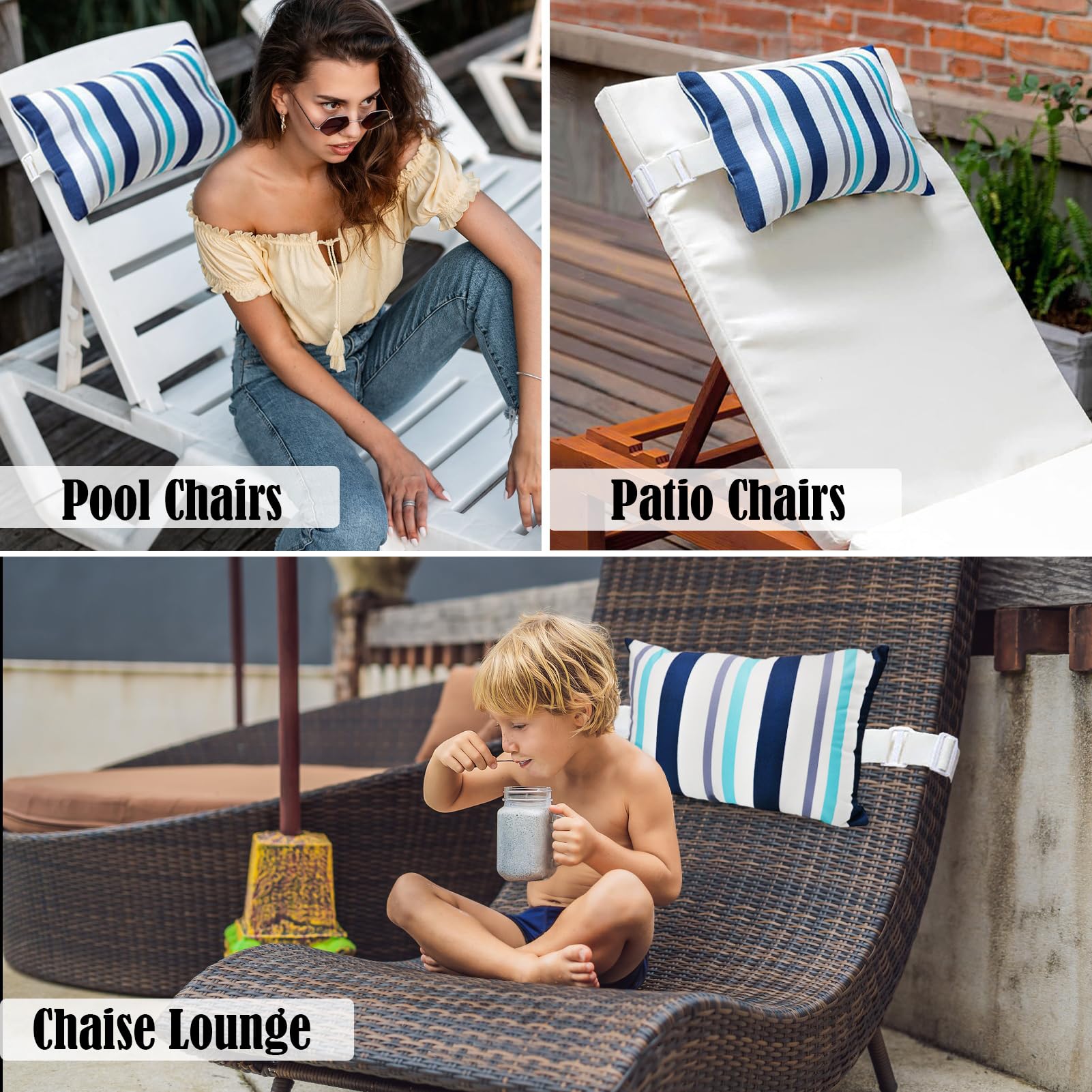 Oreiller de Chaise Longue, Appuie-Tête de Chaise Longue Bain de Soleil Coussin Oreiller de Transat pour Chaises Pliantes D'extérieur, 2 pièces, Bleu