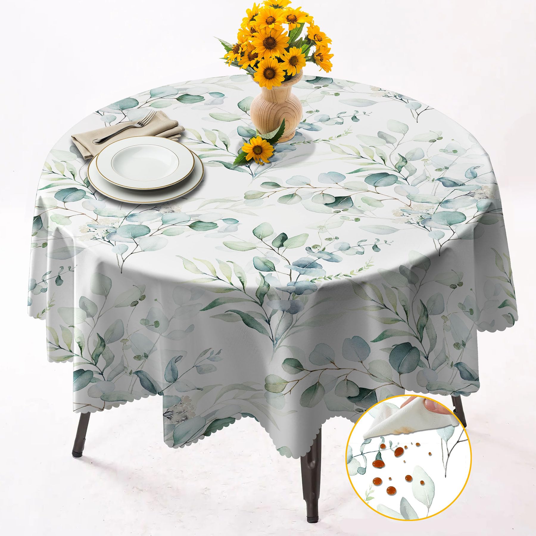 Round Tablecloth 152cm Wrinkle Free Washable Polyester Table Cloth for Circular Table, Home Dining Party Use,Watercolor Leaf Round Wipe Clean Tablecloth 60 Inches (Color 18)