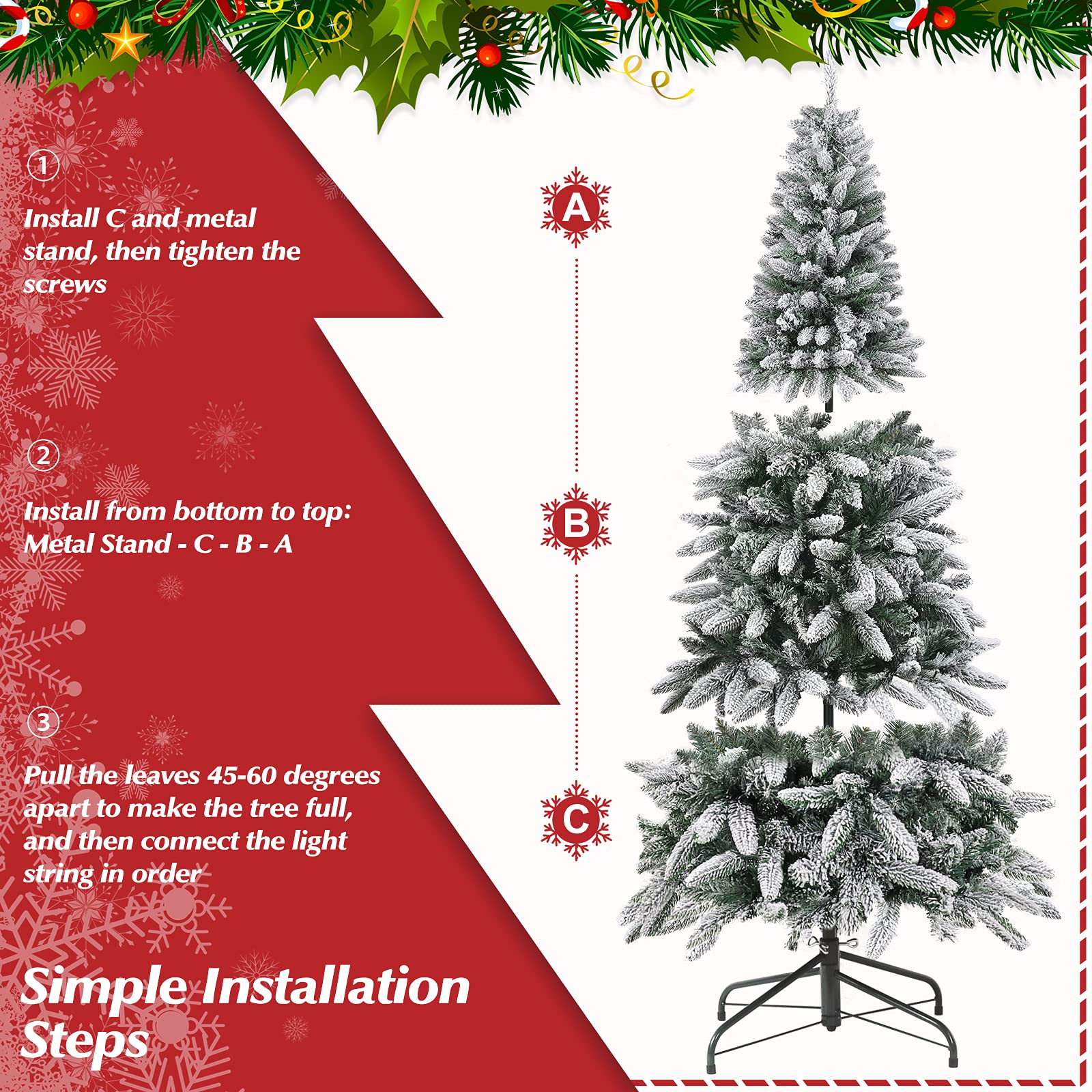 Decoway 6ft Pre-Lit Artificial Pencil Christmas Tree with Flocked Snow Pre-Strung Lights Xmas Holiday Decoration for Home, Office, Party