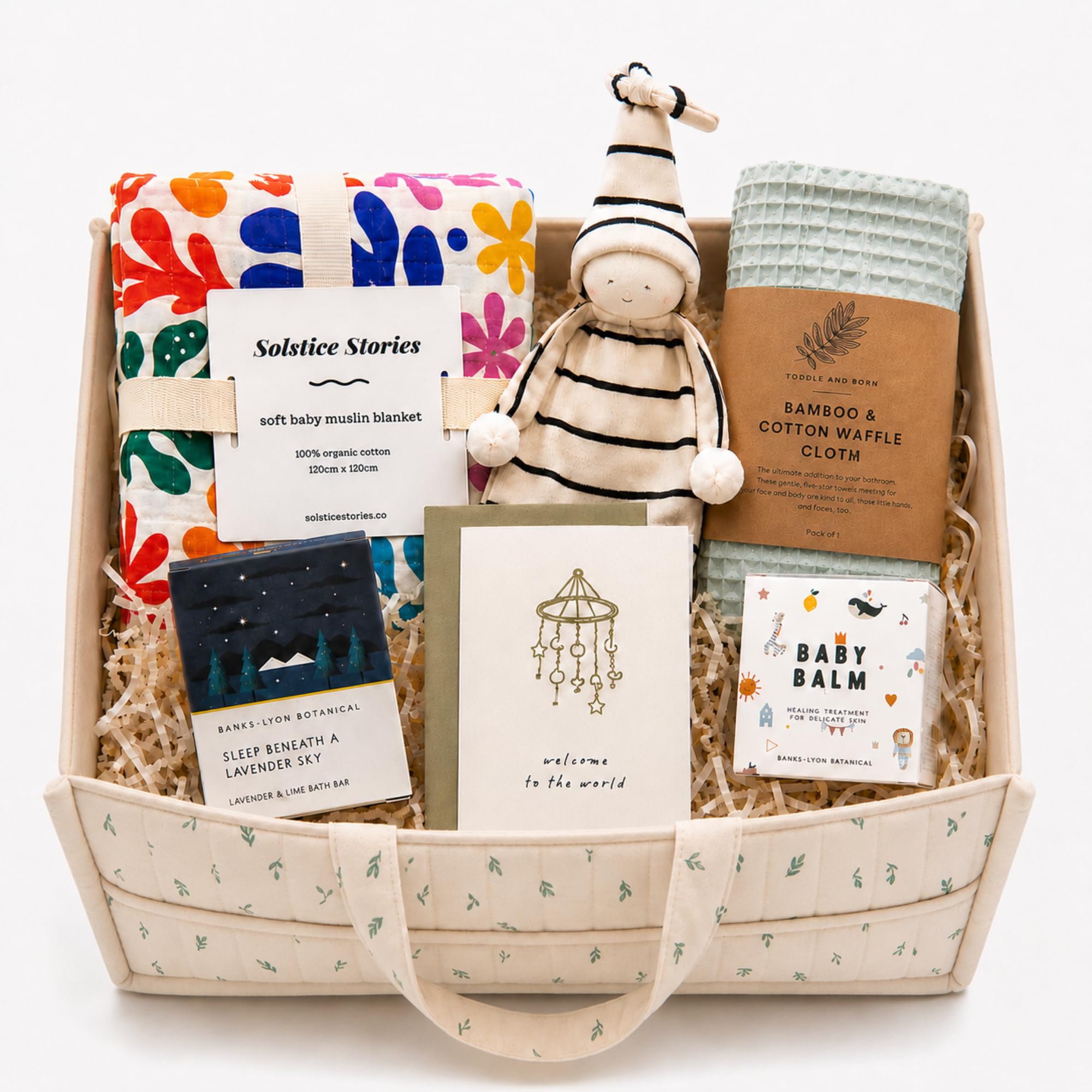 New Baby Gift Hamper with Organic Cotton Nappy Caddy – Luxury Baby Shower Gift Basket for New Parents – Neutral Newborn Baby Essentials (Linen Leaf)