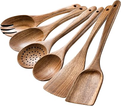 HSM Wooden Spoons for Cooking, 6-Piece Acacia Wood Kitchen Utensil Set