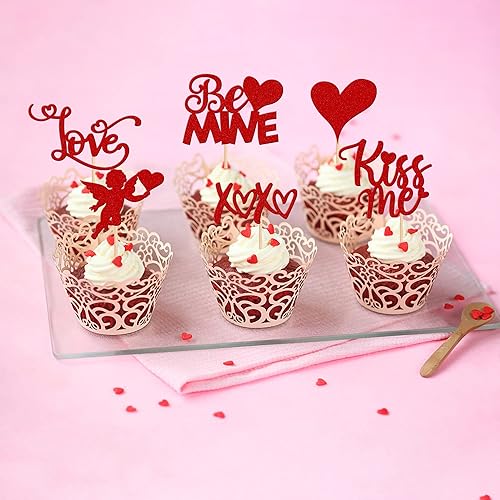 Miniatura 4 de Rsstarxi Paquete de 36 adornos para magdalenas con purpurina para el día de San Valentín con corazón besame y sé mío para el día de San Valentín