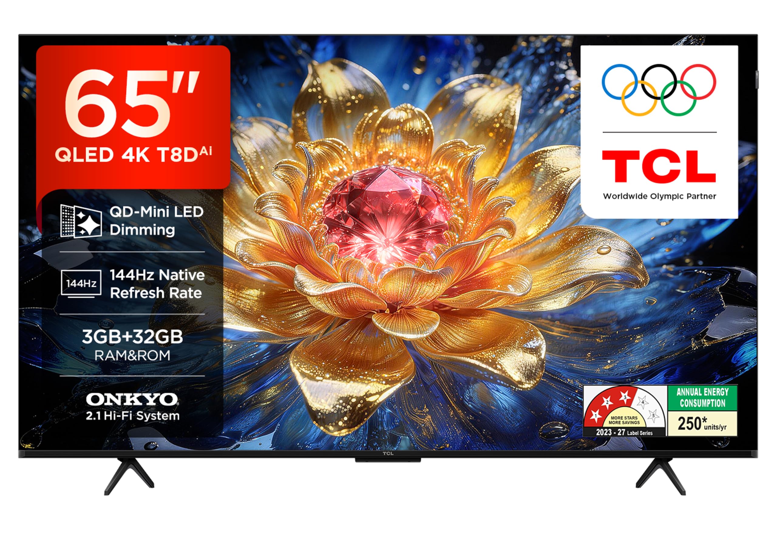 TCL 164 cm (65 Inches) 4K UHD Smart QLED Google TV | QD-Mini LED Dimming | 144Hz Refresh Rate | 3GB RAM | 42W Onkyo 2.1ch Speakers | 65T8D