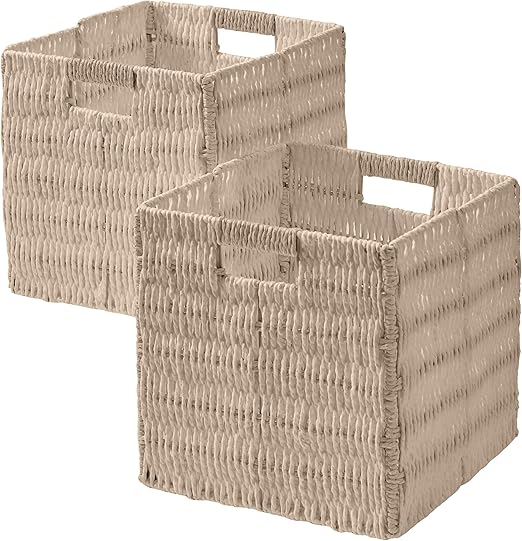 Ornavo Home Wicker Storage Cubes Bin, 9 Inch Storage Shelf Basket Collapsible Natural Hand Woven Paper Storage Cube Bin with Handles - Set of 2, Beige