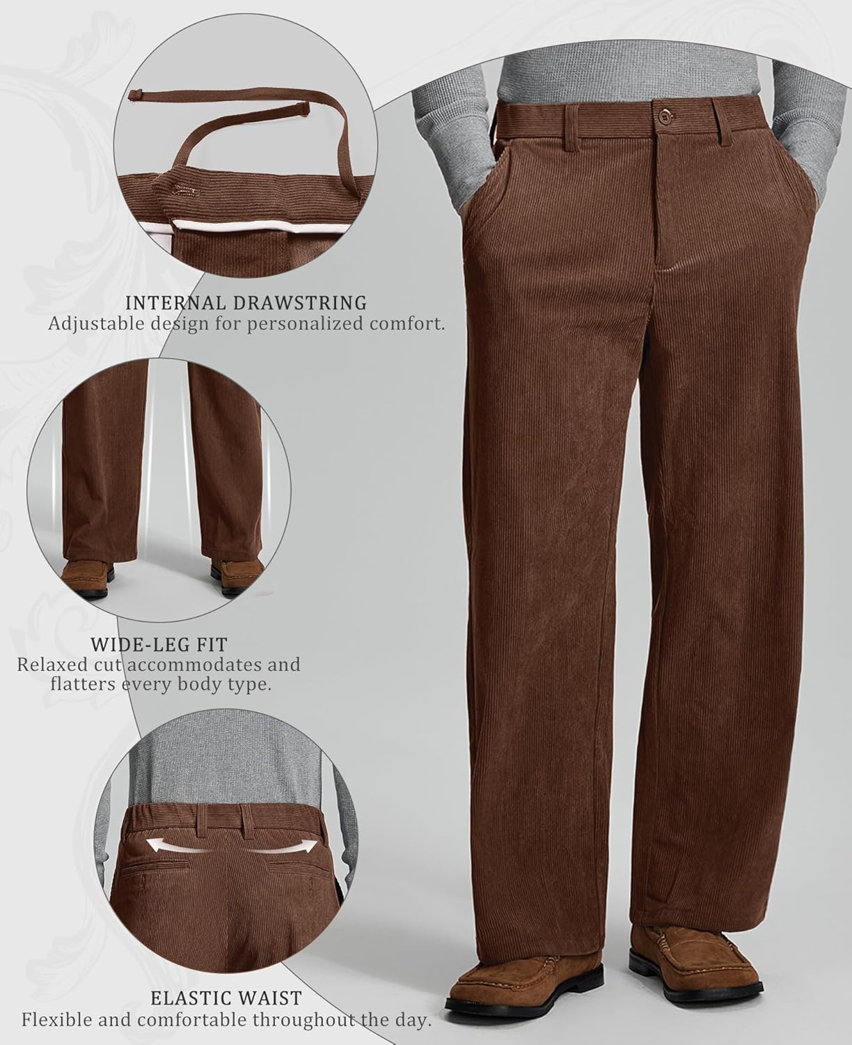 Susclude Mens Corduroy Dress Pants Baggy Wide Leg Old Money Casual Slacks Loose Fit Elastic Waist Stylish Vintage Trousers - Image 5