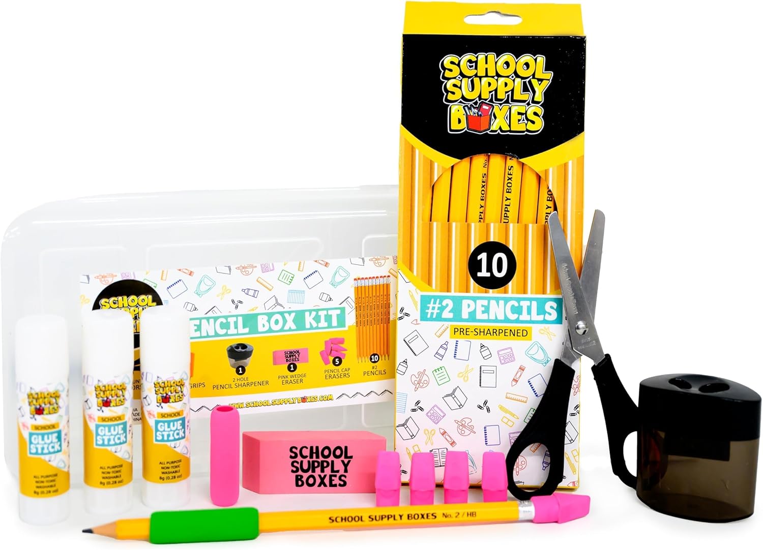 (6 Kits) Back to School Pencil Box Kit for Grades K-5 (16-Pieces per Kit) – Clear Plastic Storage Box with Pencils, Crayons, Scissors, Glue Sticks, Erasers, Sharpener, and Pencil Accessories