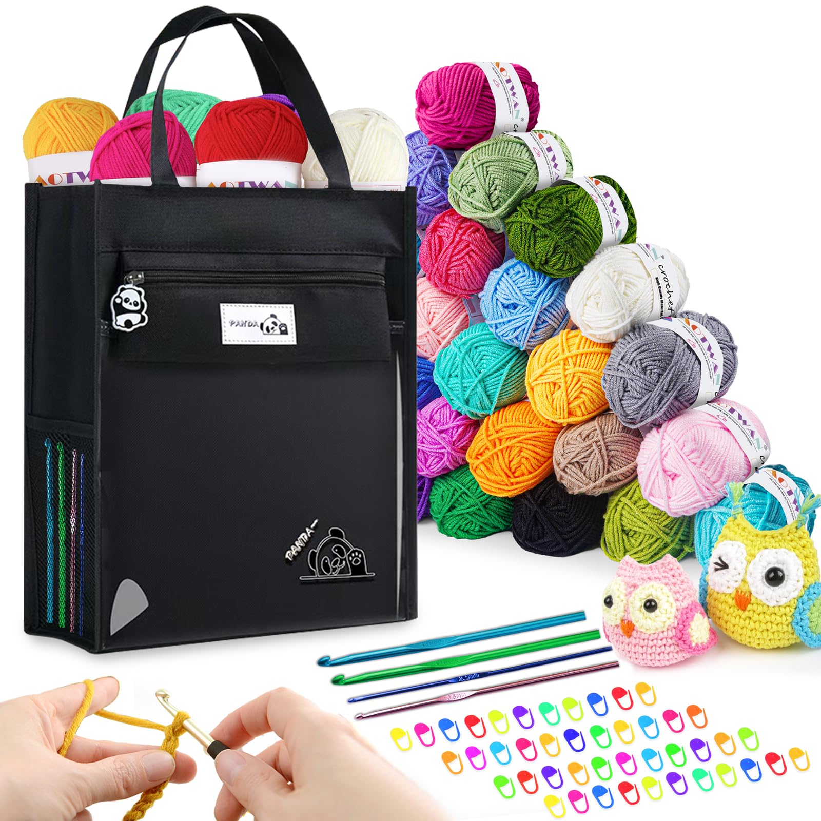 Crochet Kits for Beginners Adults Yarn 27 Colors Acrylic Wool Set with Aluminum Hooks Storage Case Stitch Markers -Black — image 1