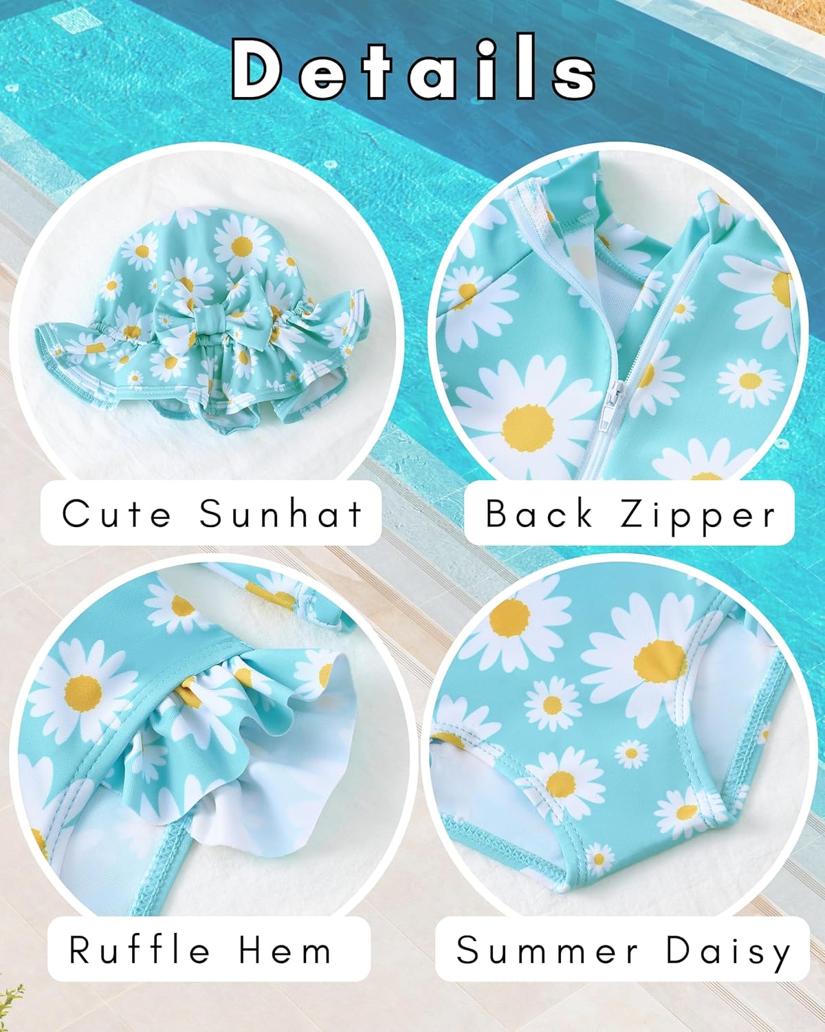 Baby Girl Swimsuit Long Sleeve One-Piece Swimwear with Hat Rash Guard Ruffle Floral Zipper Beach Infant Bathing Suit - Image 5