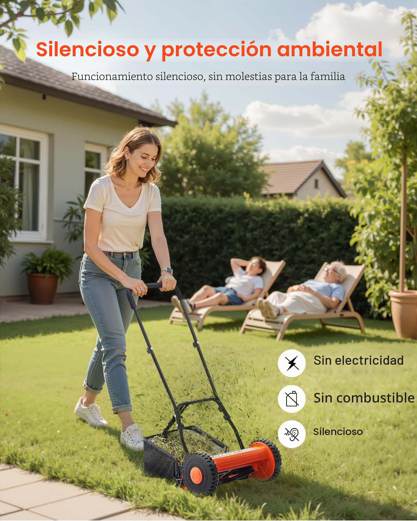 VEVOR Cortadora de Césped Manual de 400 mm con 5 Cuchillas 2 Ruedas sin Motor Altura de Corte Ajustable de 15-45 mm con Bolsa Recolectora de Césped para, Caminos de Acceso, Patios, Jardines