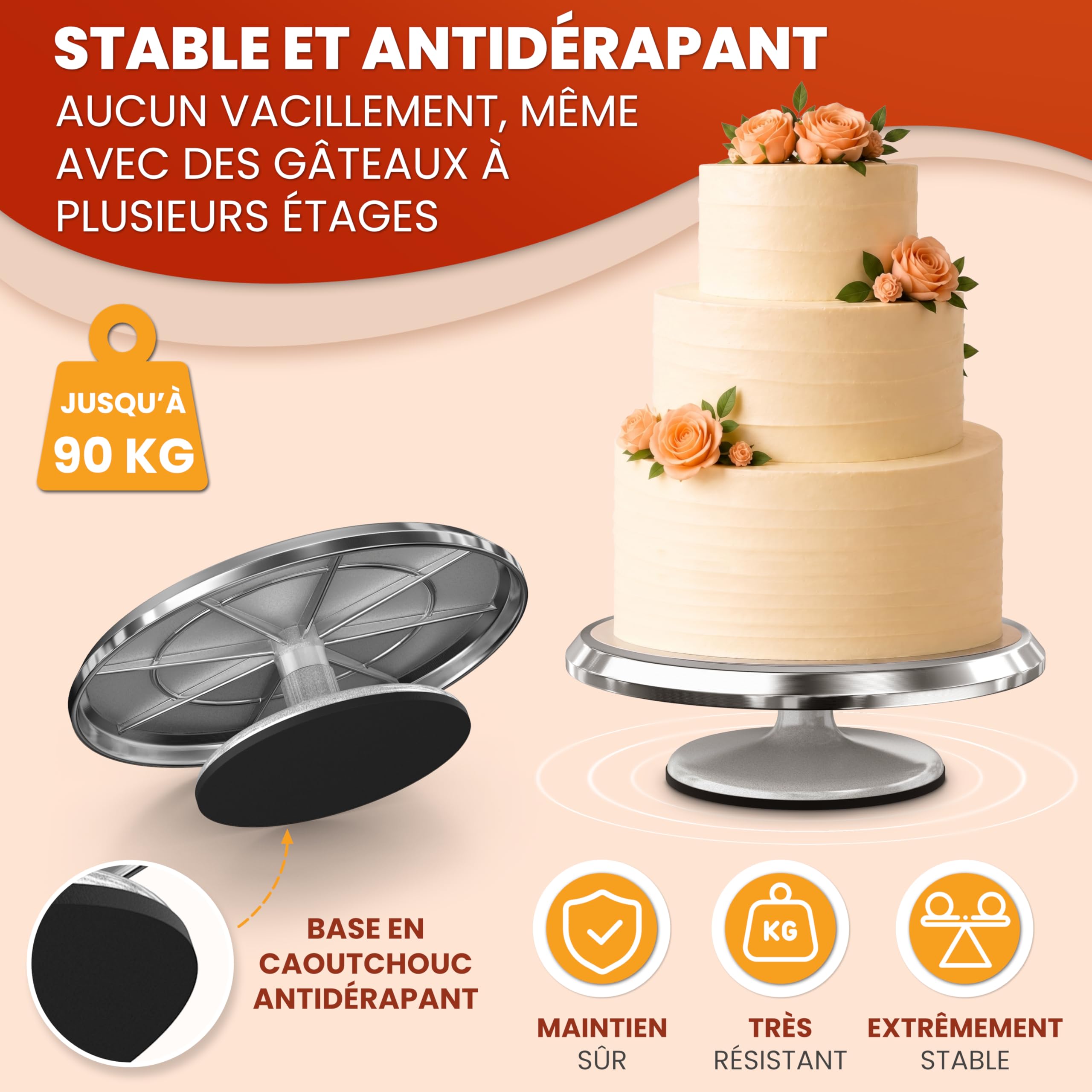 Plateau tournant pâtisserie en aluminium de qualité | Plateau tournant gâteau 30 cm avec fond antidérapant | Précis et stable | Ustensiles pâtisserie professionnels