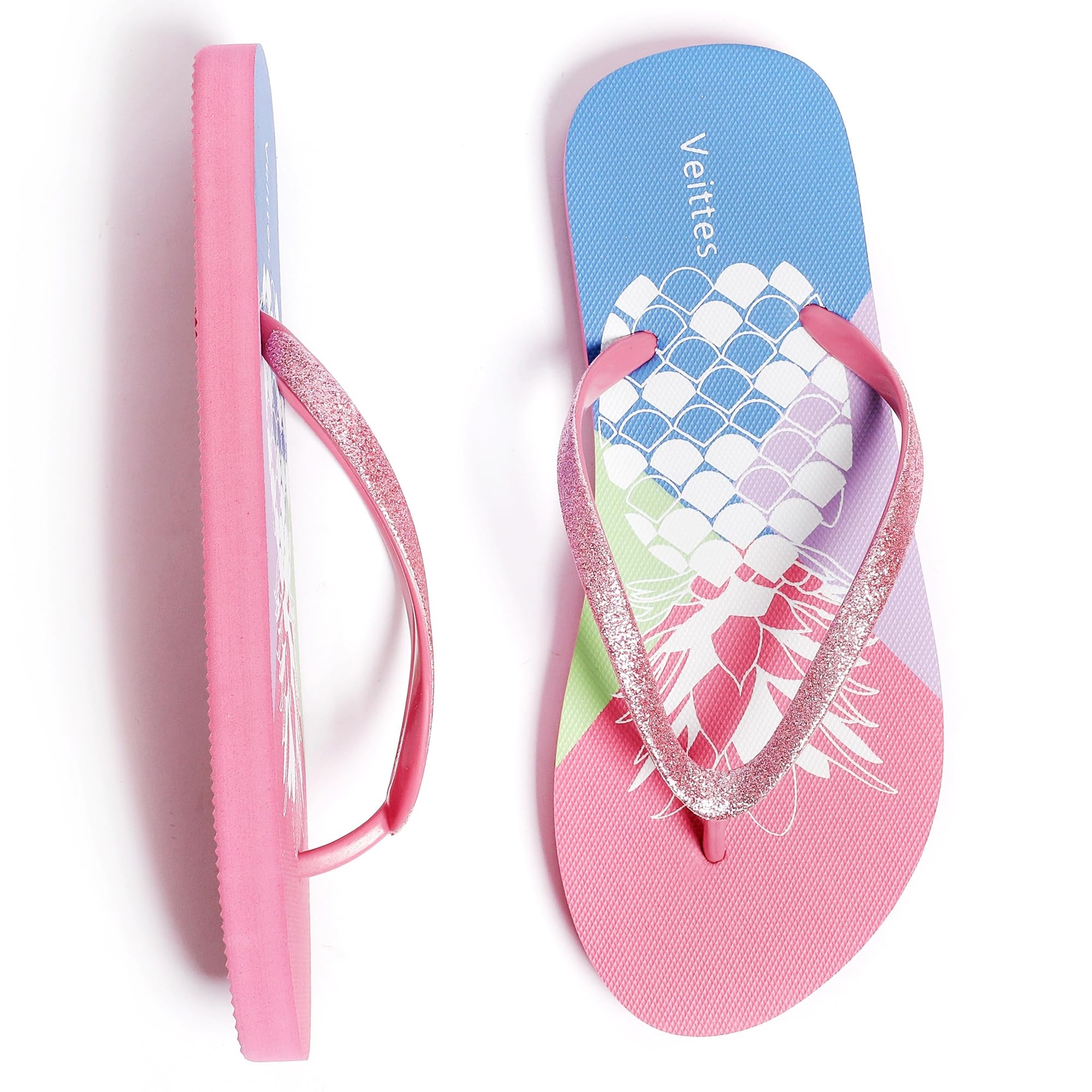 Veittes Tongs pour filles, Tongs de plage mignonnes pour petits et grands enfants, imprimées colorées pour filles.