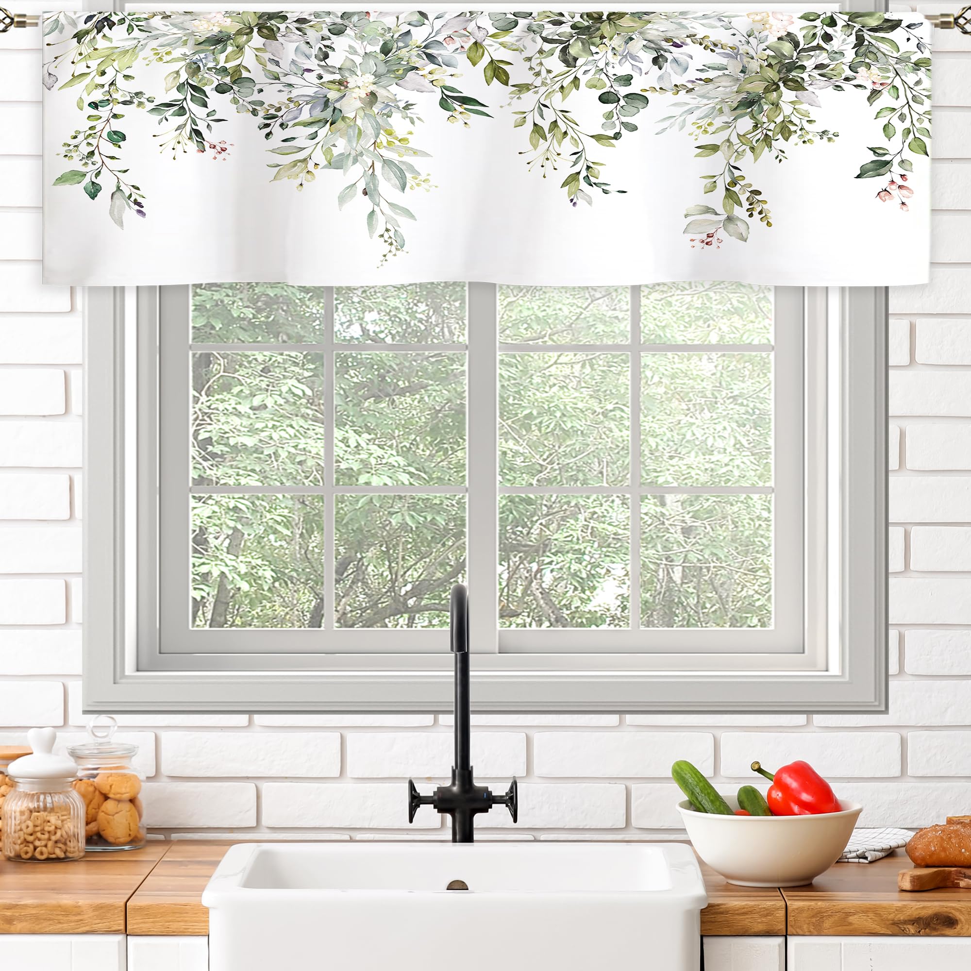 Sage Green Eucalyptus Leavses Valances Kitchen Curtains Watercolor Floral Flower Plants Botanical Farmhouse for Women Ptetty Bedroom Living Room Treatment Tier Fabric 1 Panel 52Wx18H Inch