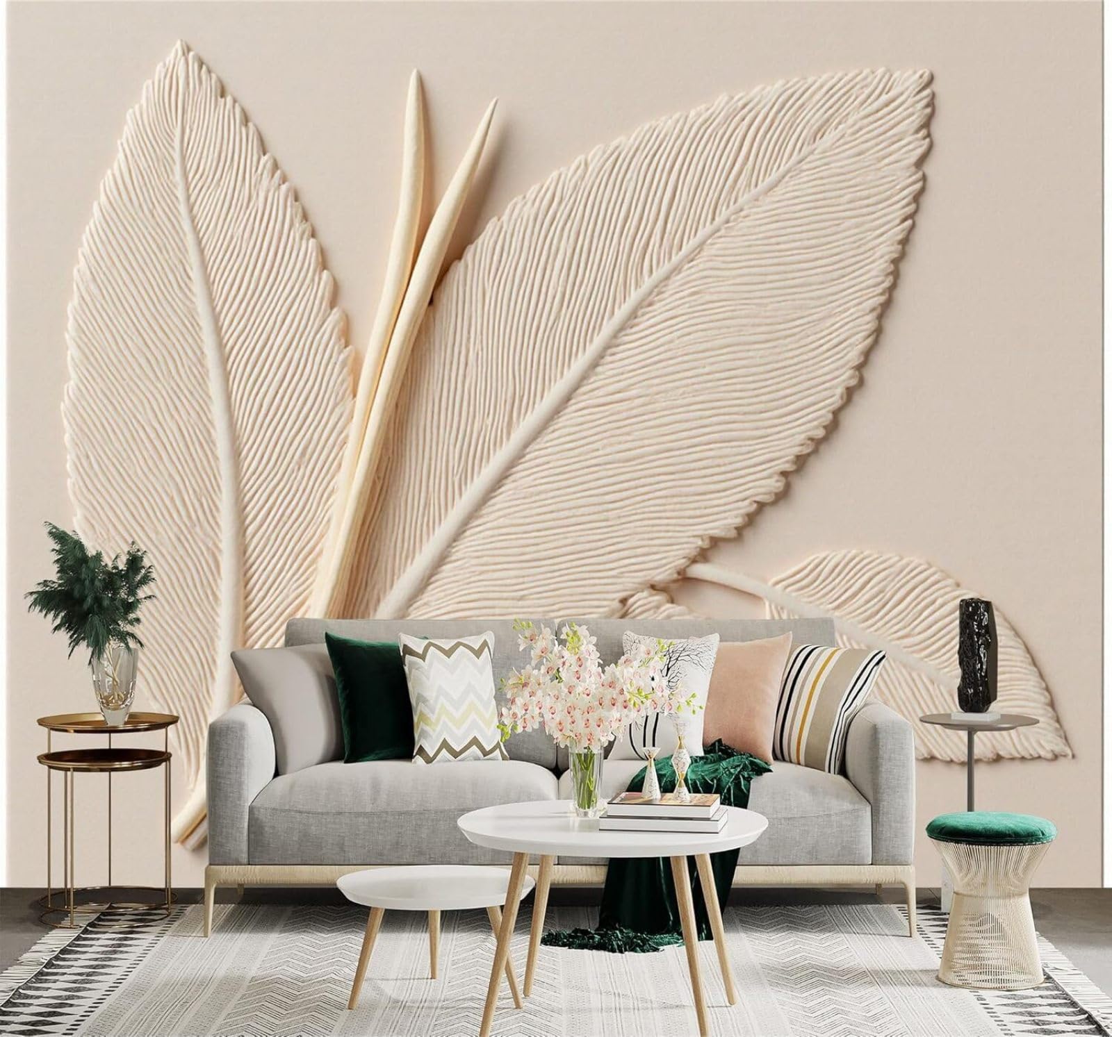 XLMING Relief Three Dimensional Beige Plants Leaf Texture Pattern 3D Wallpaper Silky Texture Home Study Office Grey Dining Room Sofa Bedroom Living Room TV Backdrop-200cm×140cm