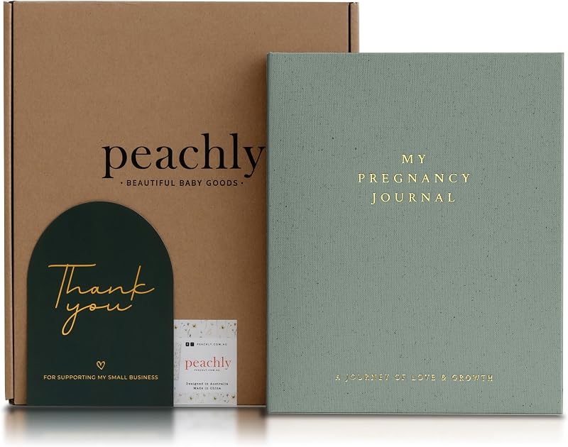 Peachly Pregnancy Journal for First Time Moms - Linen Memory Book (Sage) | Gift-boxed 110-page maternity keepsake & pregnancy scrapbook. Bump photo pages, hospital & newborn checklists, archival paper