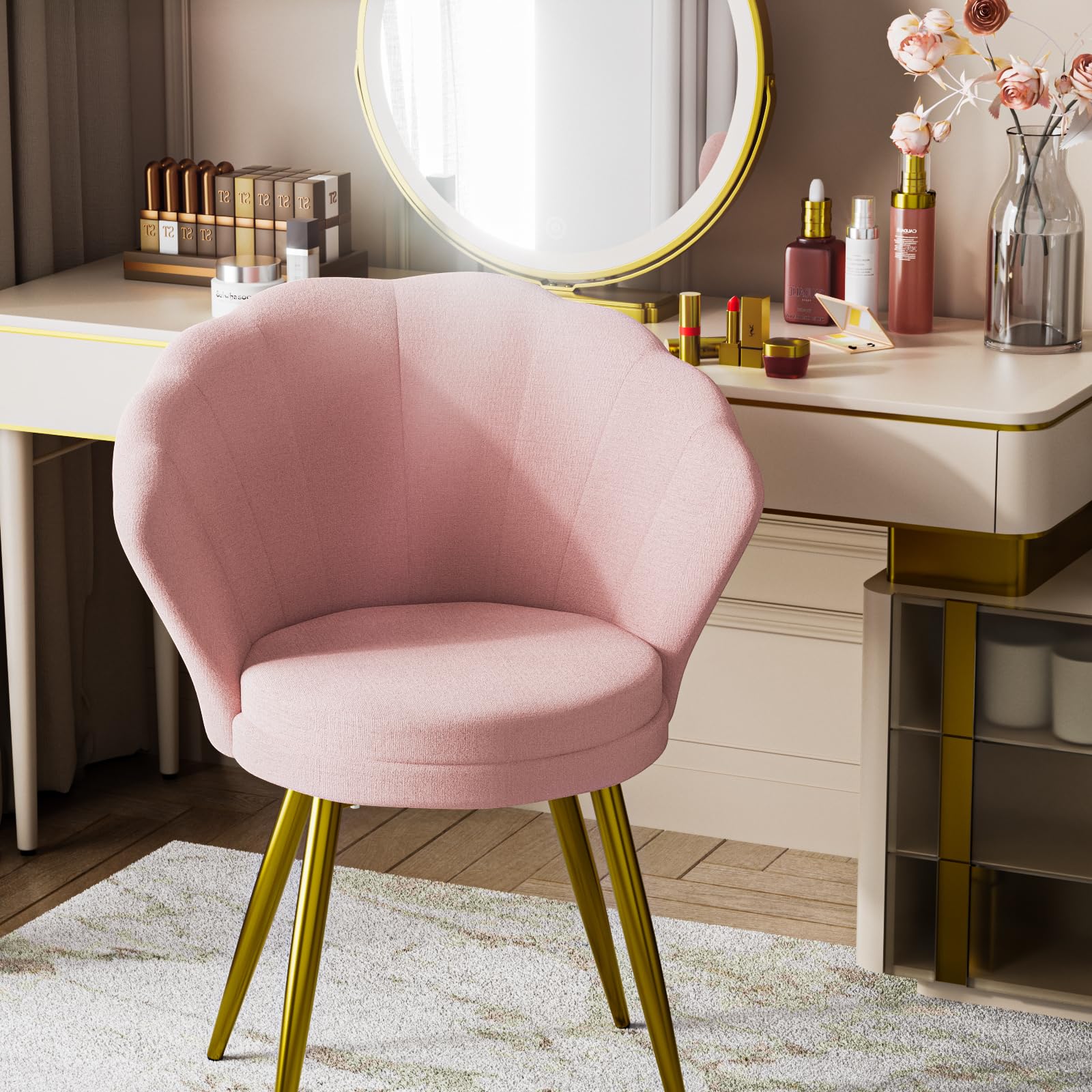 HOMCOM Shell Luxe Poltrona In Velluto Rosa Con Gambe Oro | Sedia Da Toeletta O Soggiorno | 57x58x88 Cm