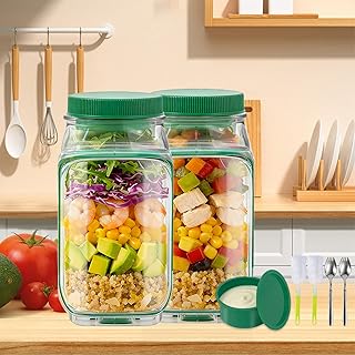 Side-Opening Mason Salad Jar, Portable 1000ml Salad Container with Leakp...