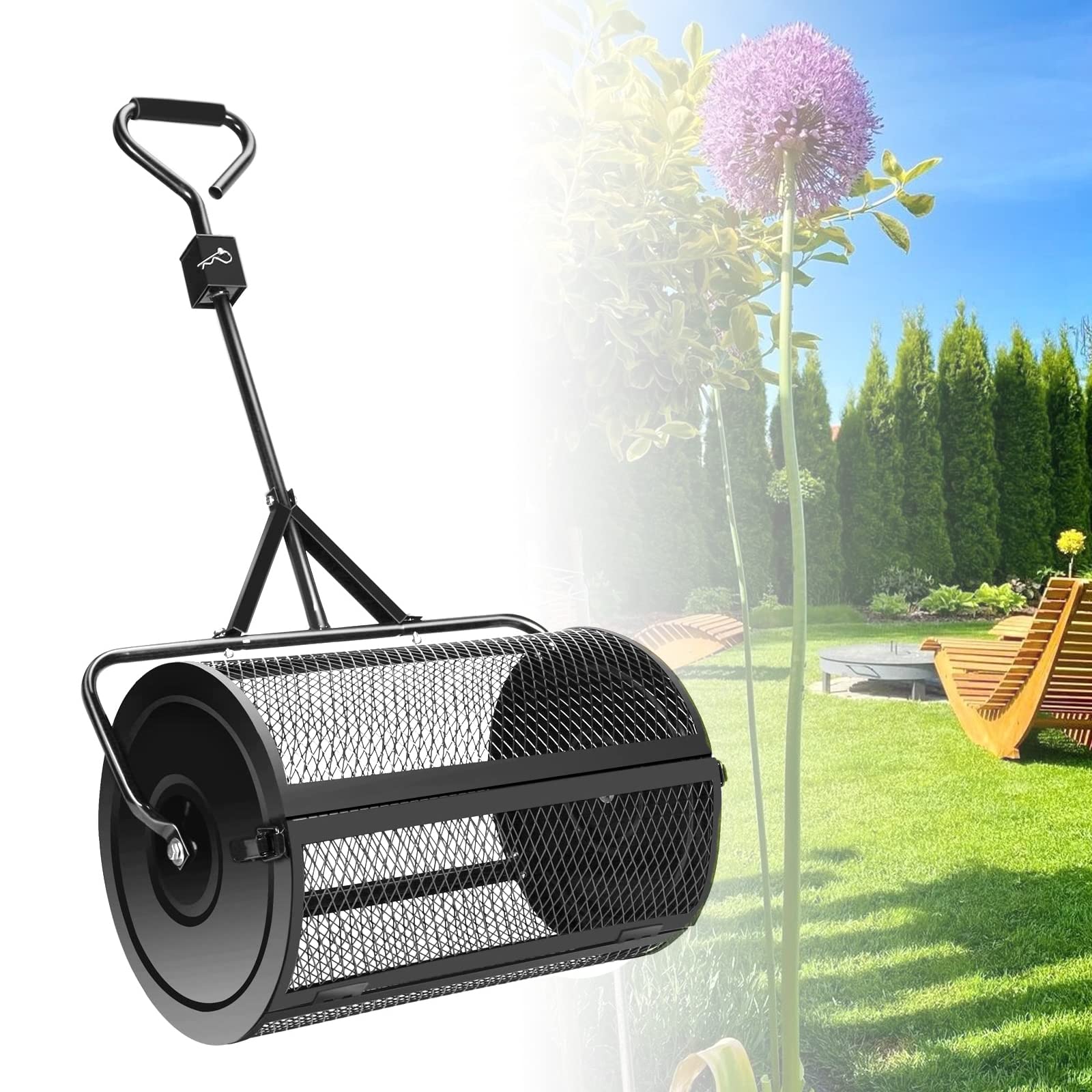 Kompoststreuer, Torfmoosstreuer, 24-Zoll-Gartenkompoststreuer, Streukorb aus Stahlmetallgitter mit T-förmigem Griff, multifunktionale Miststreuerwalze muss zusammengebaut Werden